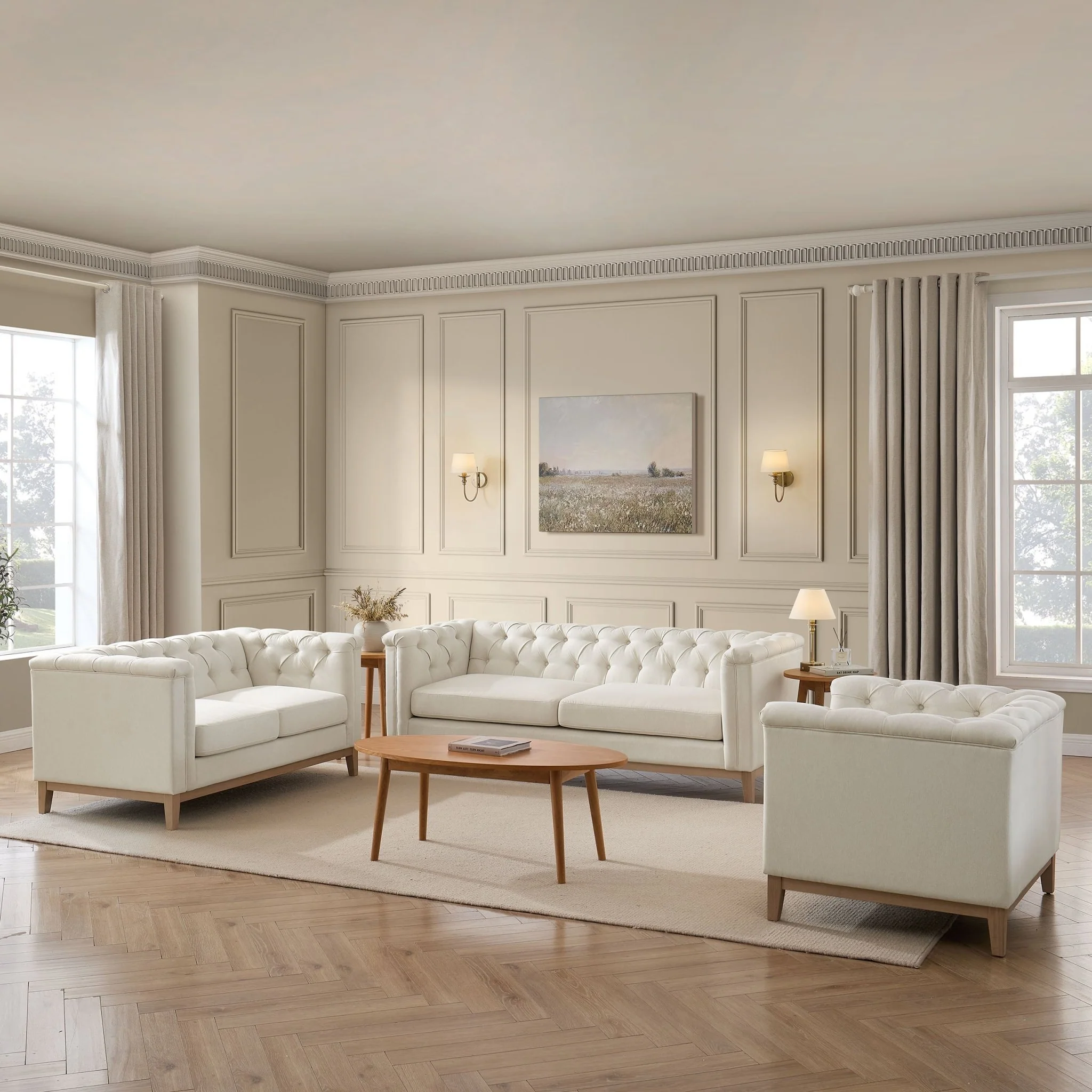 Chesterfield 3 Seater Sofa - Cream Linen - Image 4