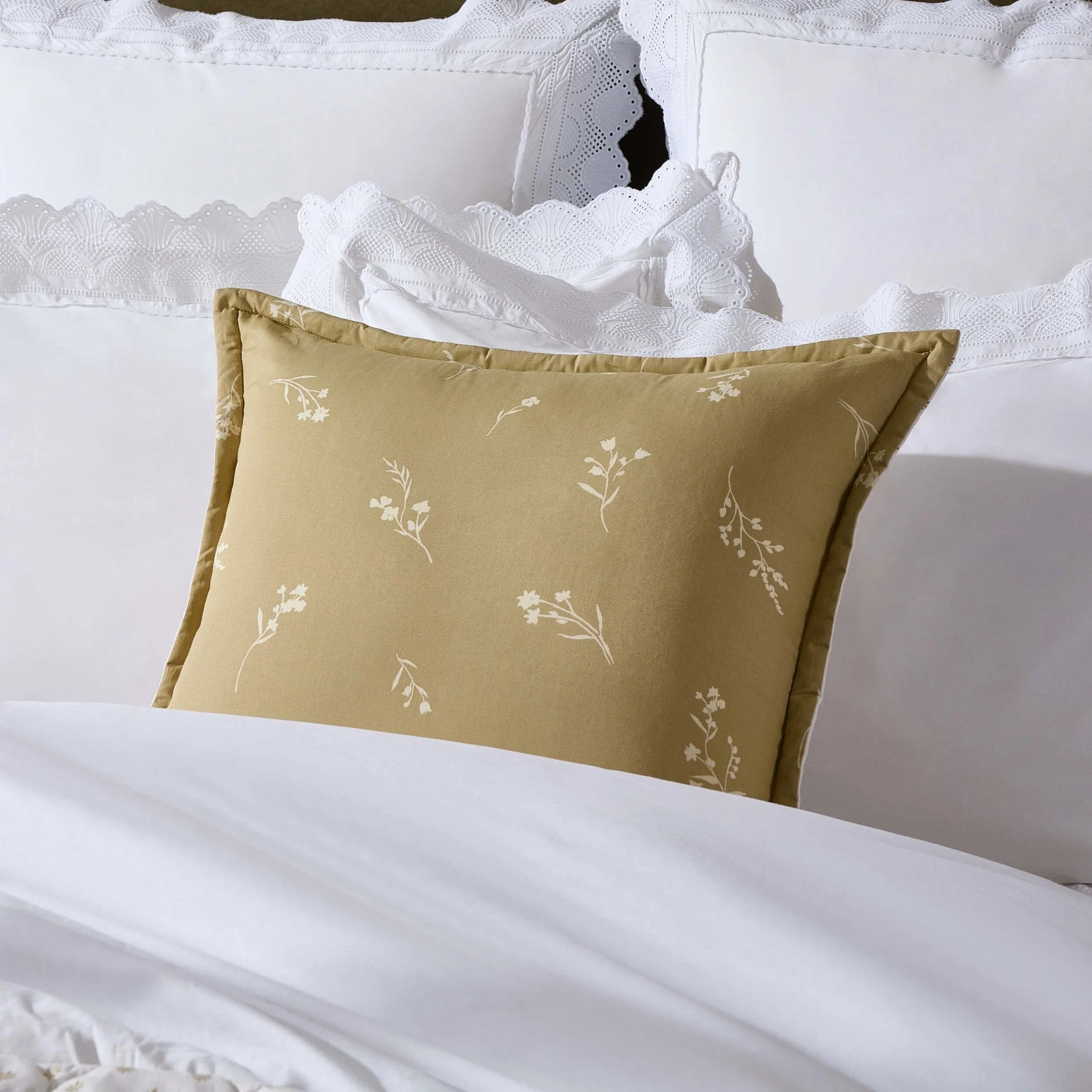 Chloe Reversible Quilted Floral & Foulard Print Cushion Cover - Olive