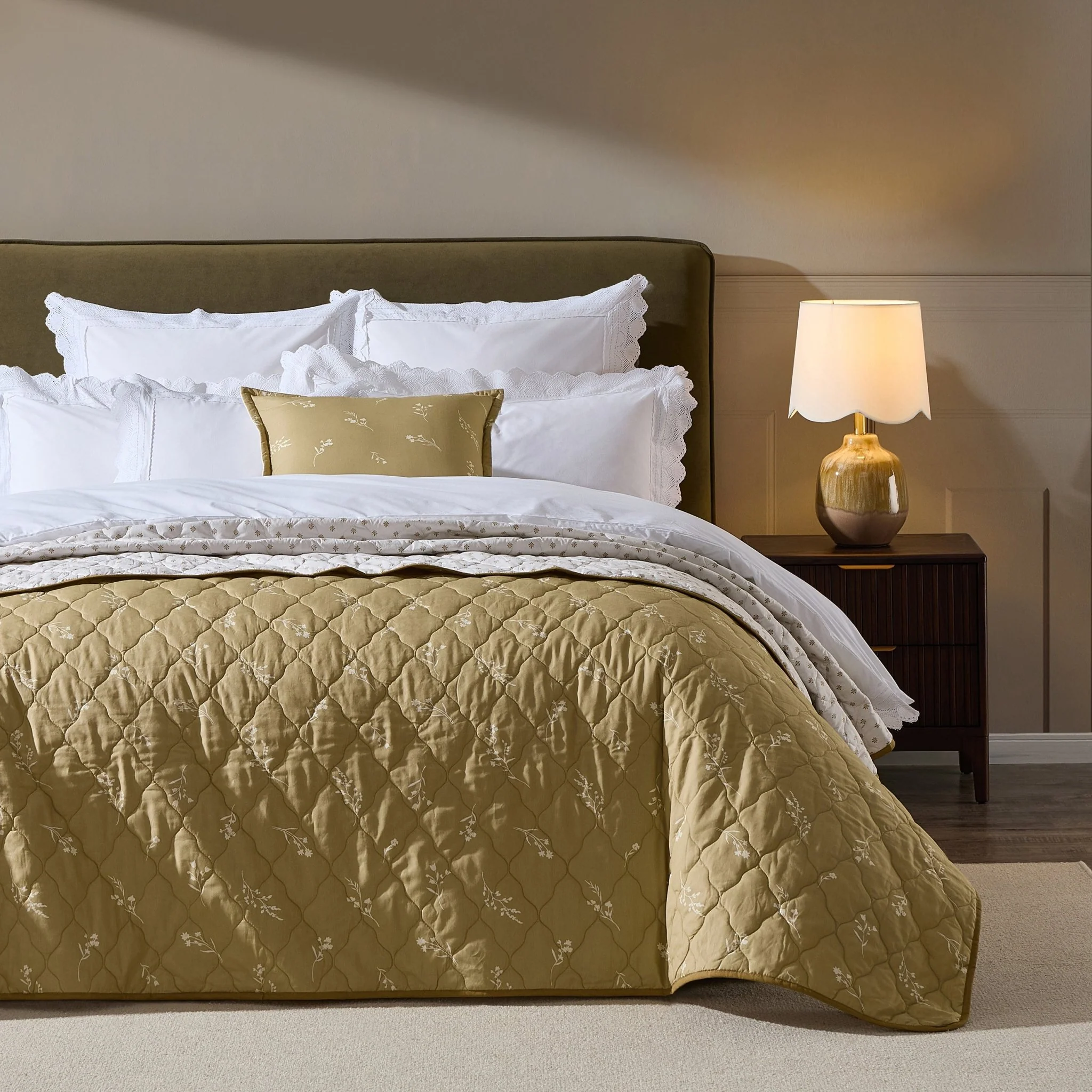 Chloe Reversible Quilted Floral & Foulard Print Cushion Cover - Olive - Image 5