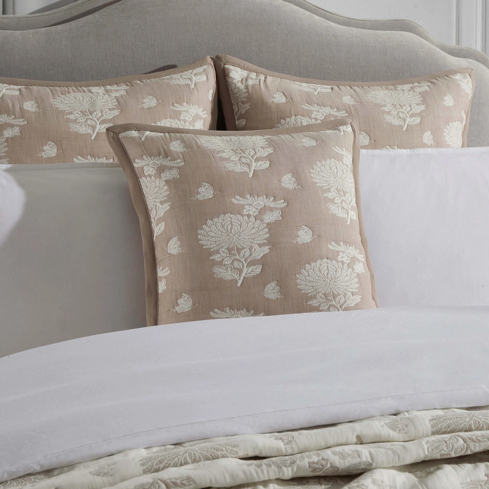 Chrysanthemum Embroidered Cushion Cover - Taupe