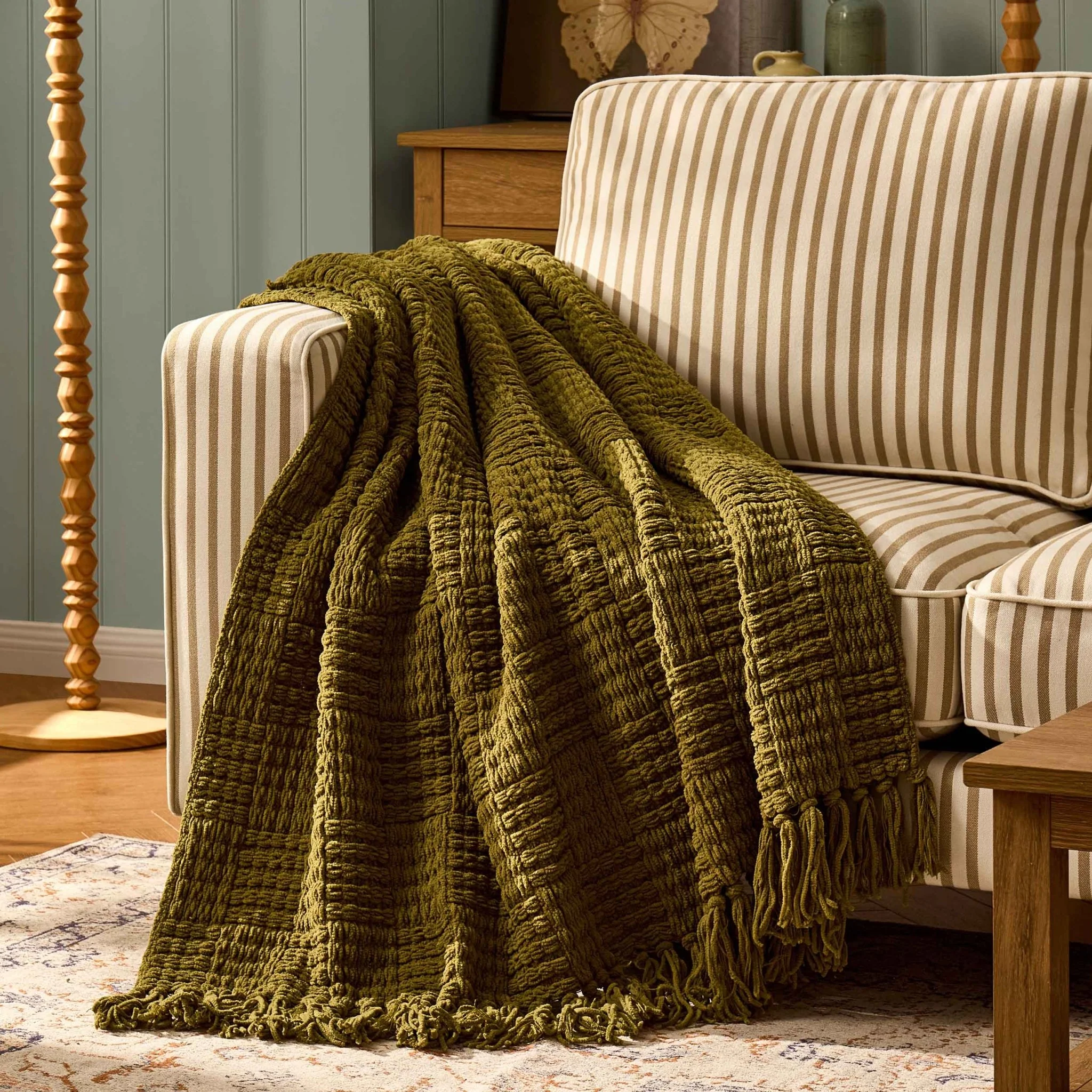 Chunky Chenille Sofa Throw - Olive Green