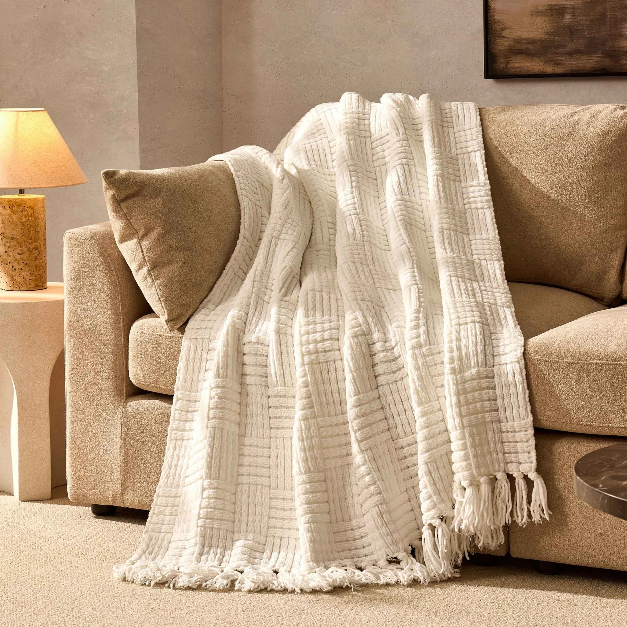Chunky Chenille Sofa Throw - White