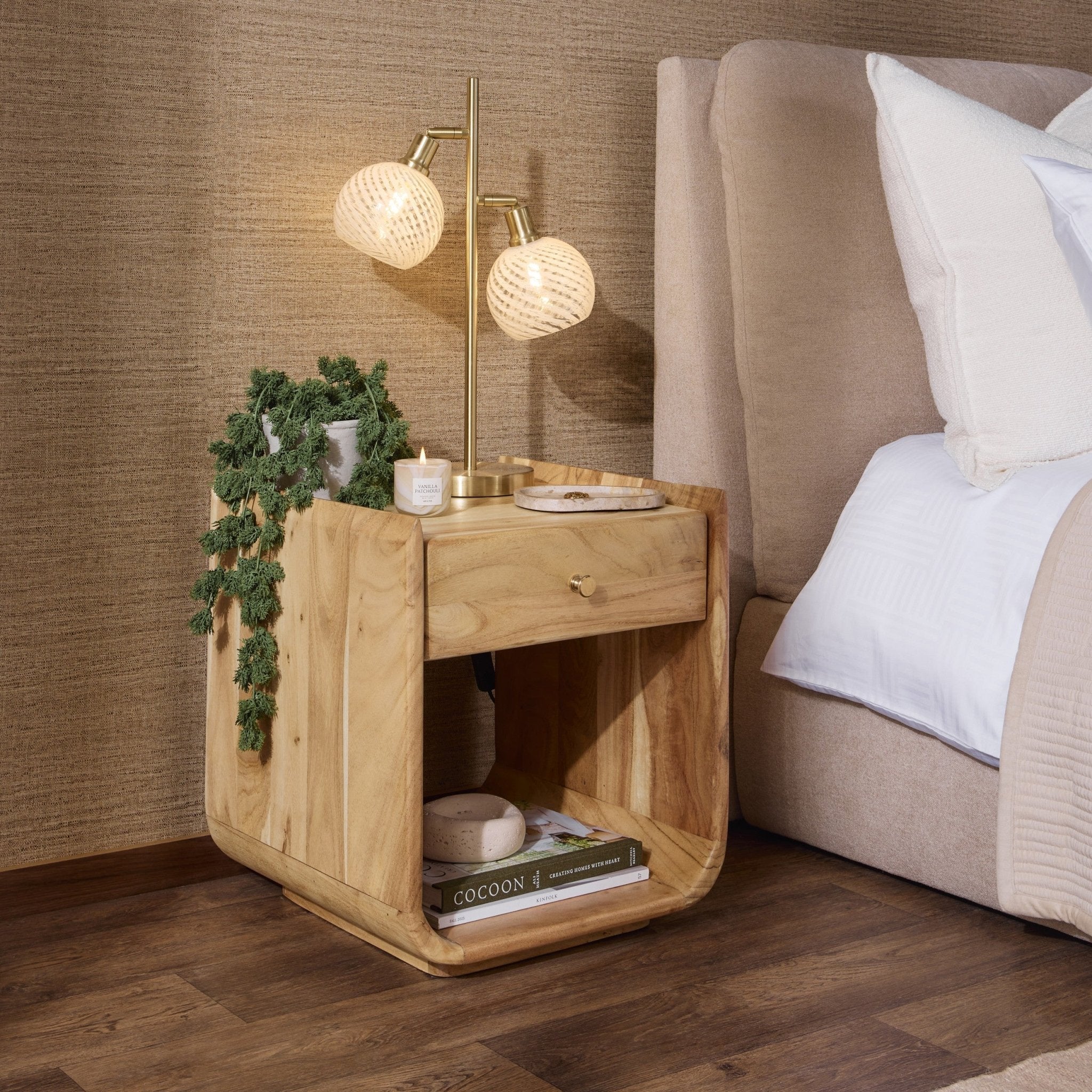 Cleo Acacia Wood 1 Drawer Bedside Table - Light Wood