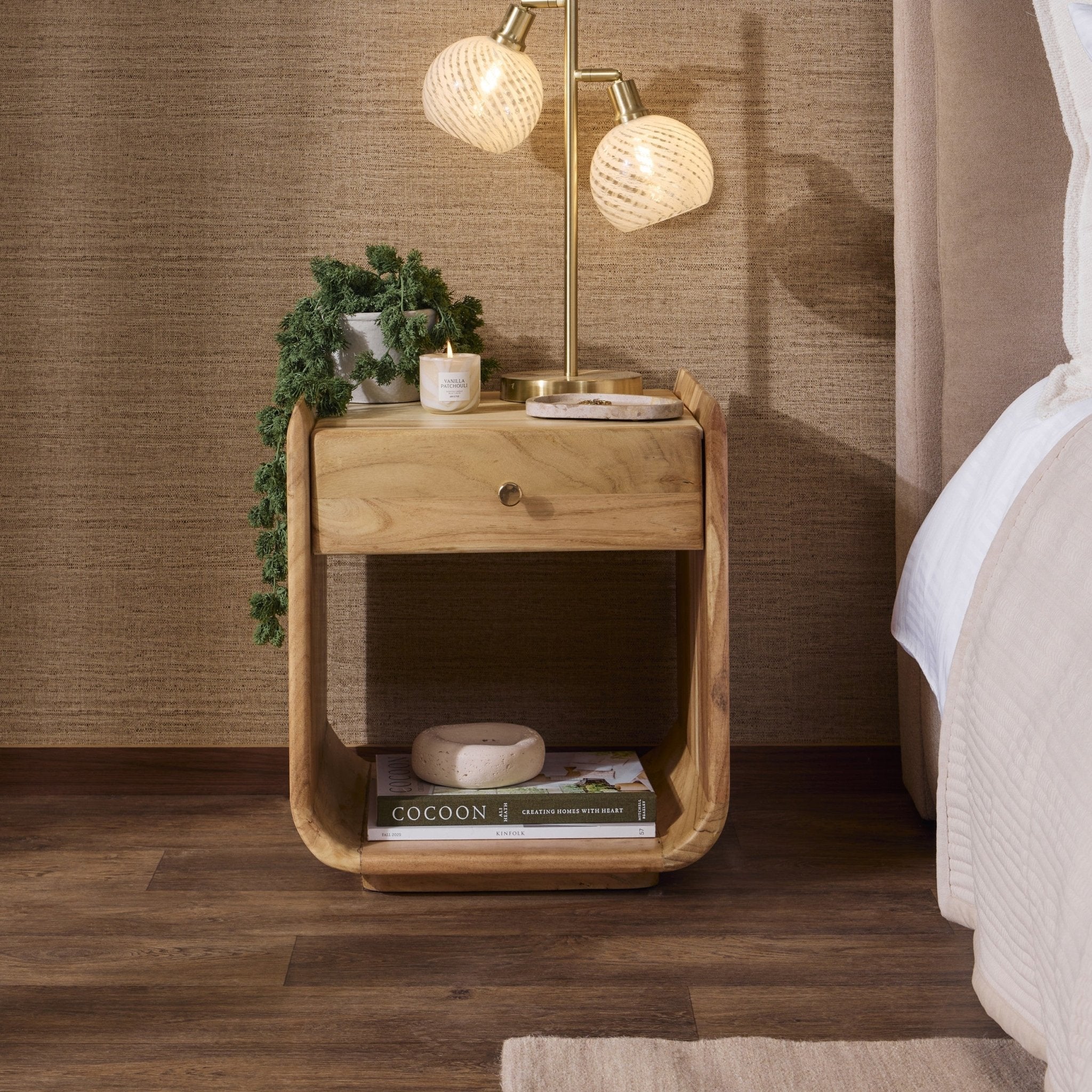 Cleo Acacia Wood 1 Drawer Bedside Table - Light Wood - Image 2
