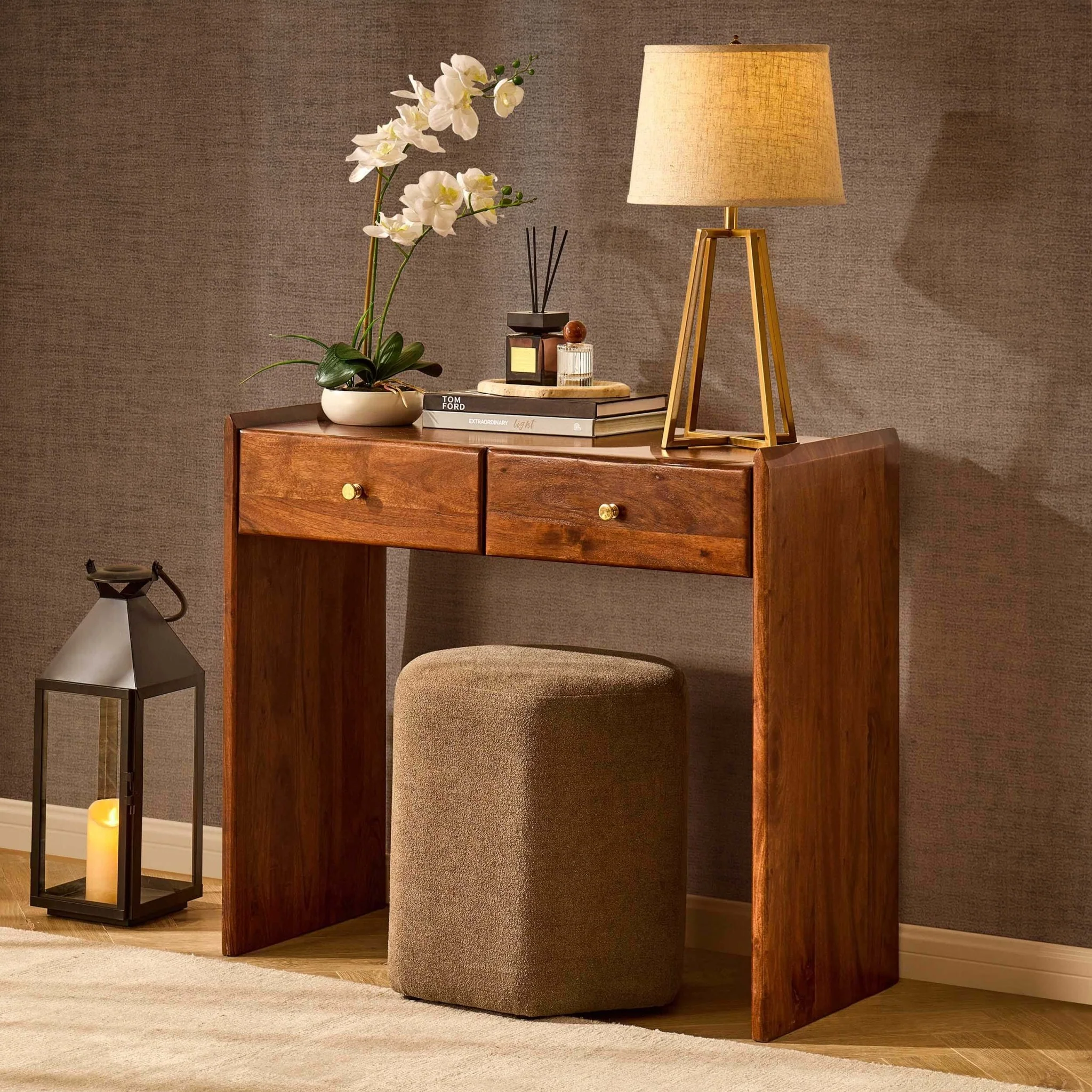 Cleo Acacia Wood Dressing Table Console - Walnut