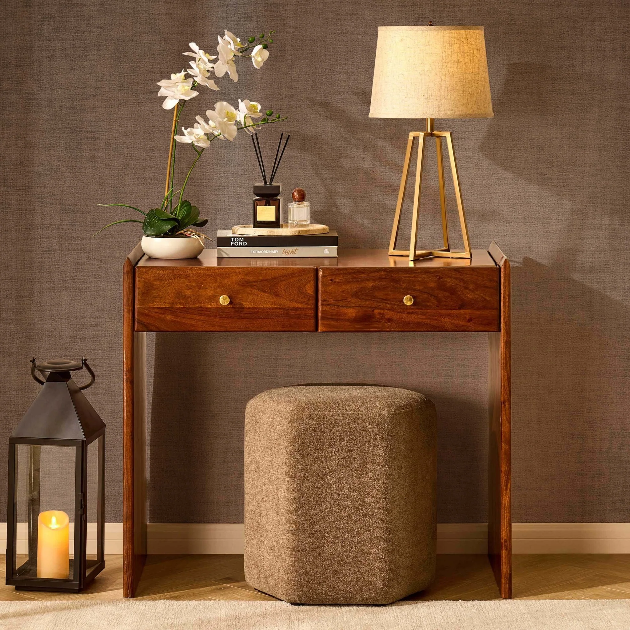 Cleo Acacia Wood Dressing Table Console - Walnut - Image 2