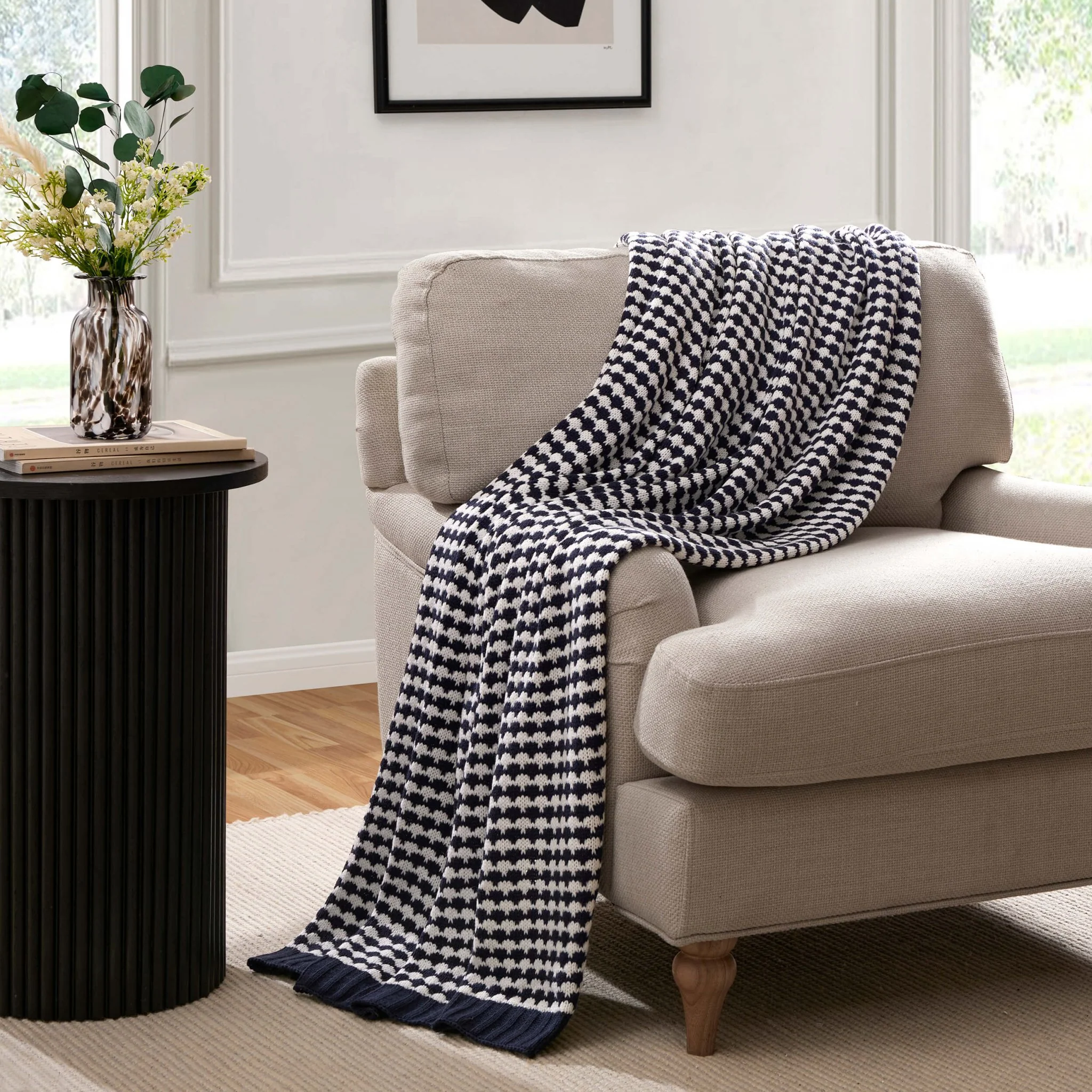 Contrast Pattern Knit Sofa Throw - Midnight