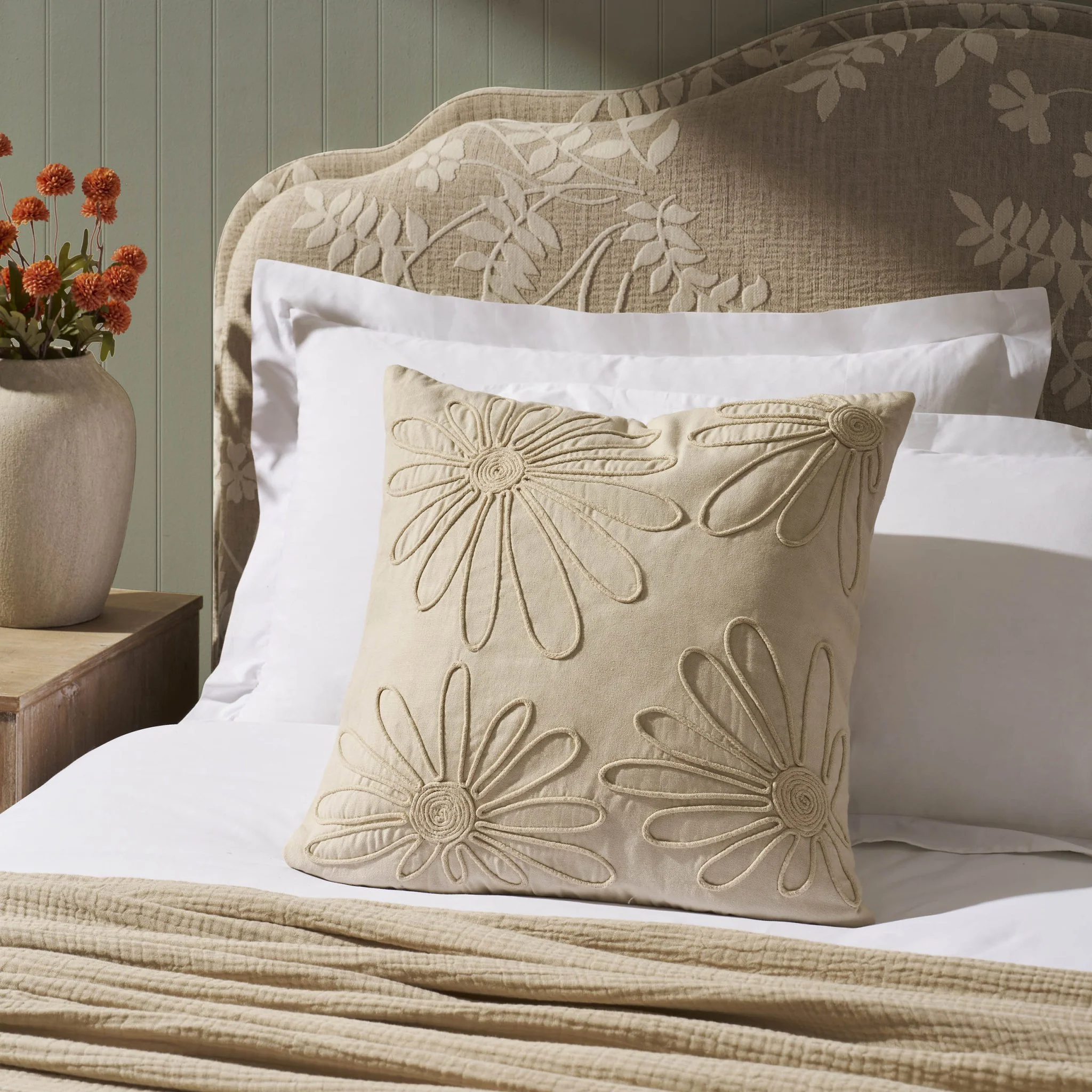 Cotton Embroidered Flower Cushion Cover - Natural