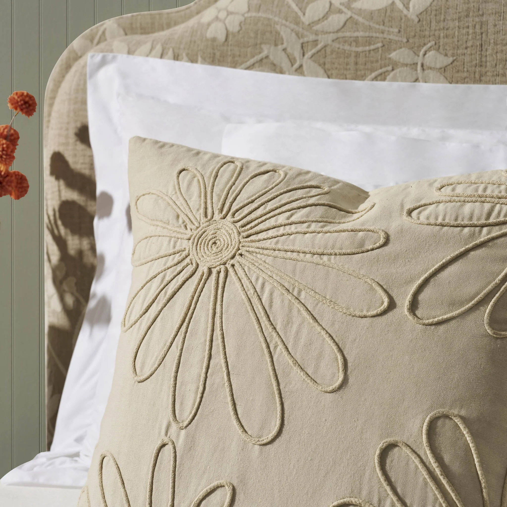 Cotton Embroidered Flower Cushion Cover - Natural - Image 2