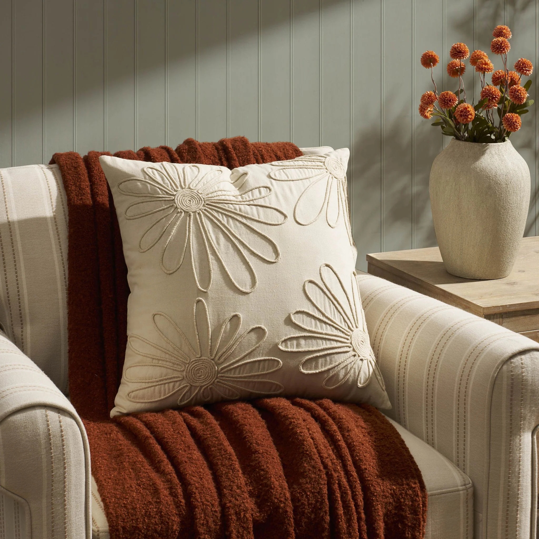 Cotton Embroidered Flower Sofa Cushion Cover - Natural