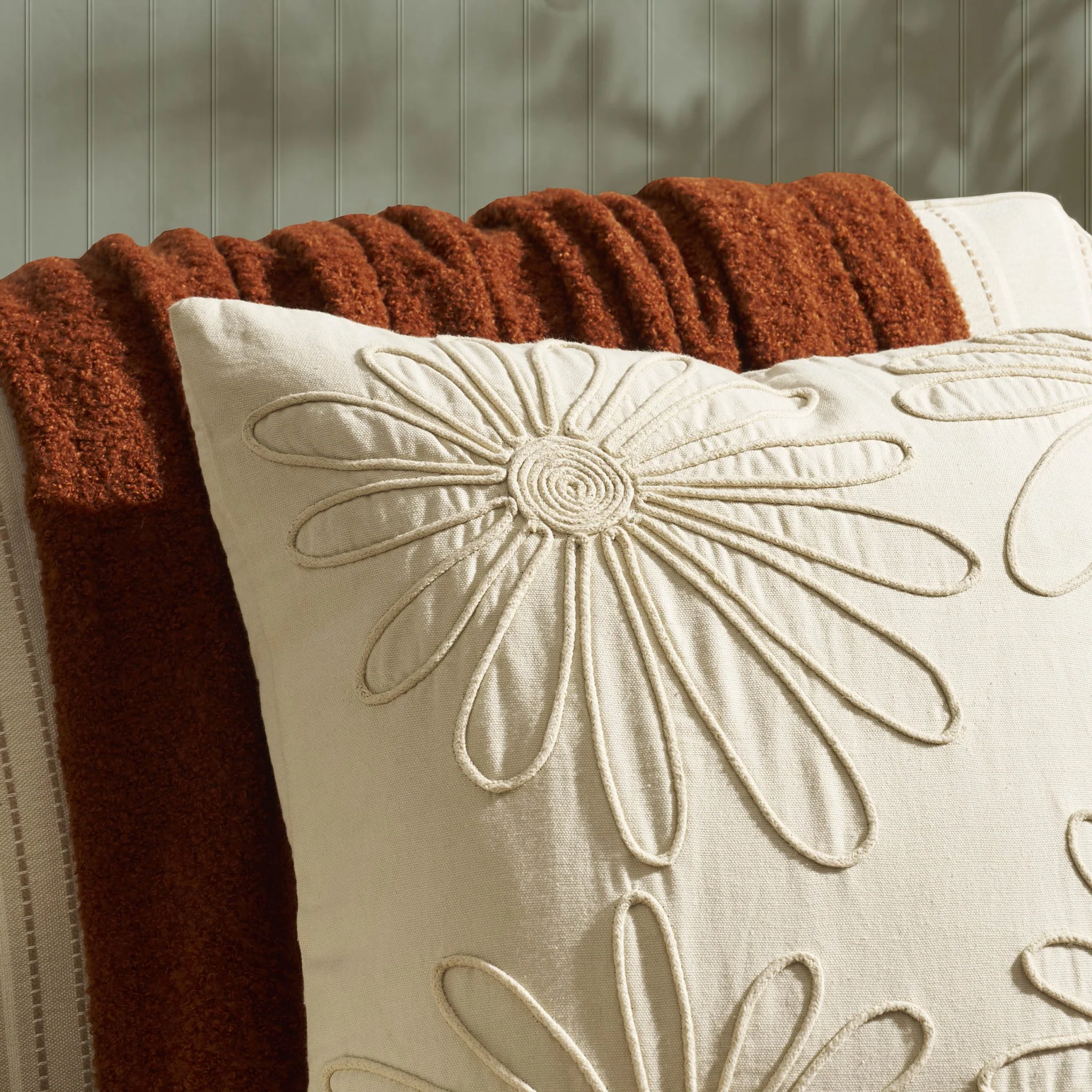 Cotton Embroidered Flower Sofa Cushion Cover - Natural - Image 2