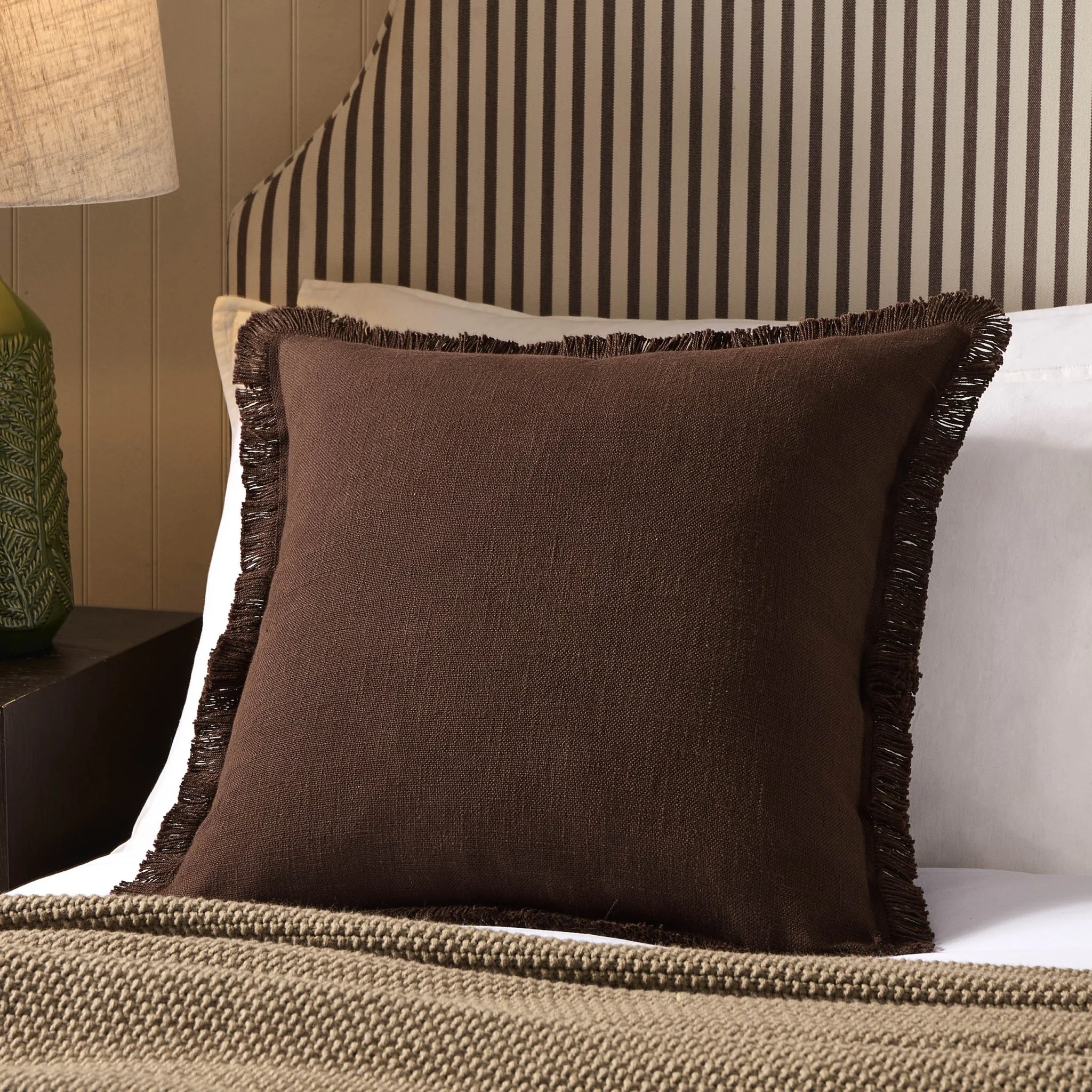 Cotton Fringed Edge Cushion Cover - Chocolate