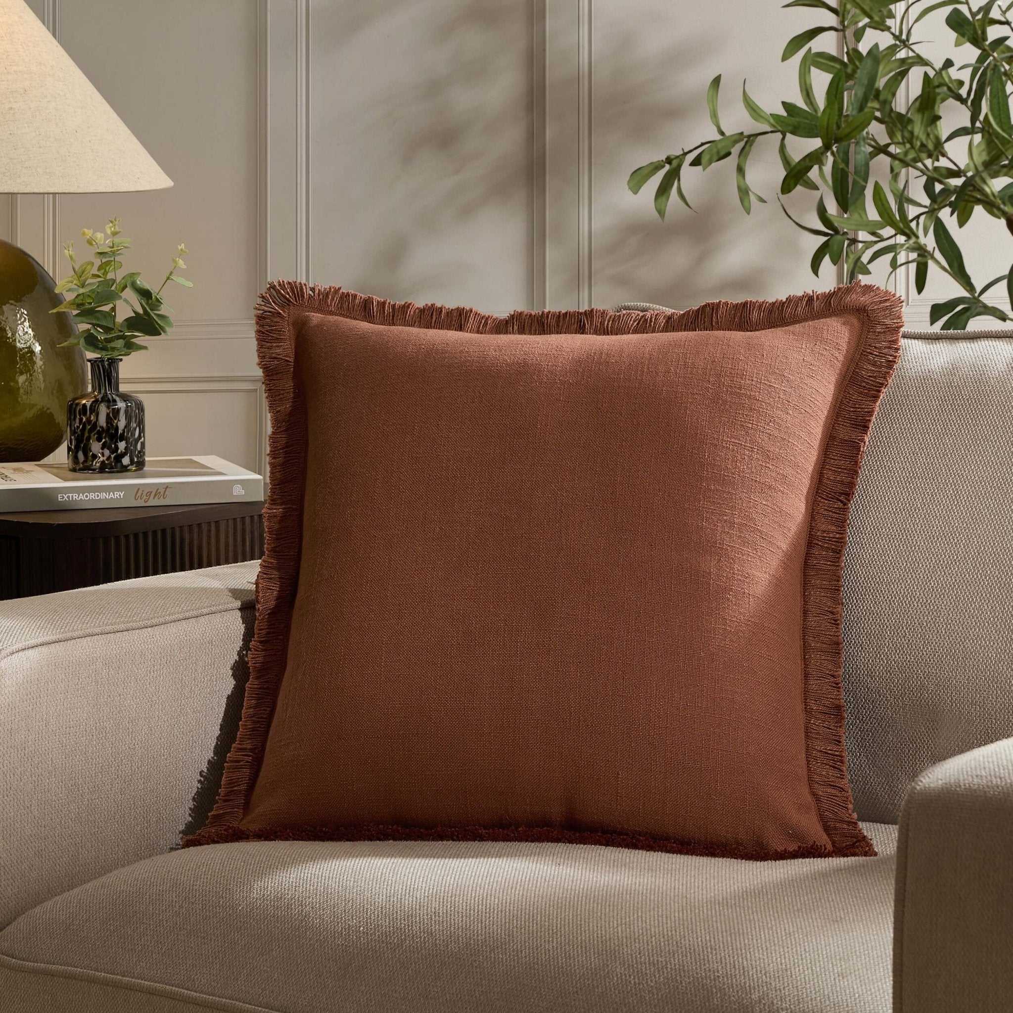 Cotton Fringed Edge Sofa Cushion Cover - Burnt Orange