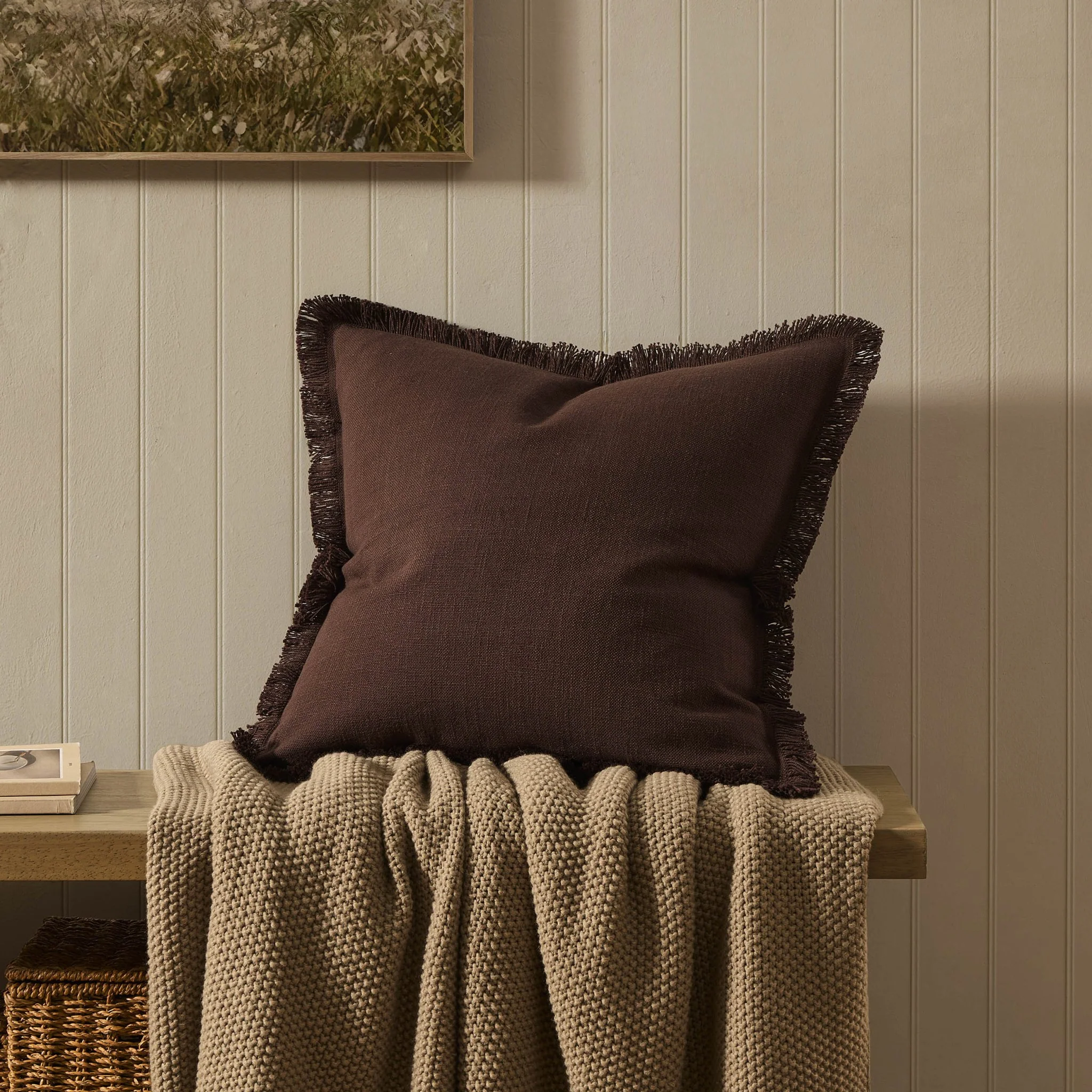 Cotton Fringed Edge Sofa Cushion Cover - Chocolate