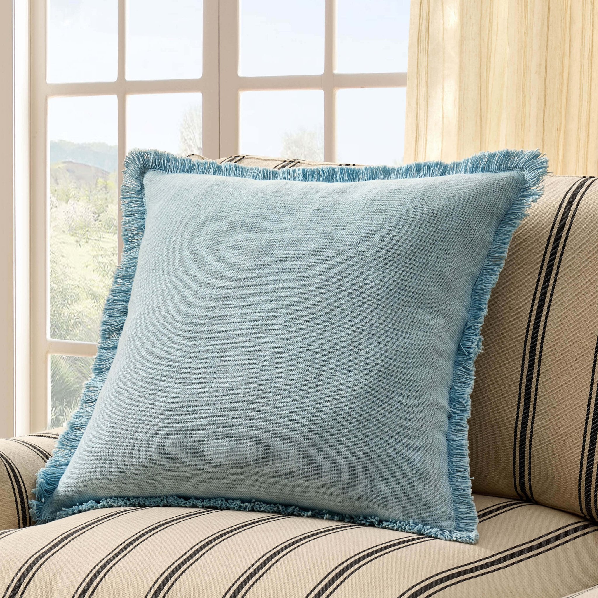 Cotton Fringed Edge Sofa Cushion Cover - Sky Blue
