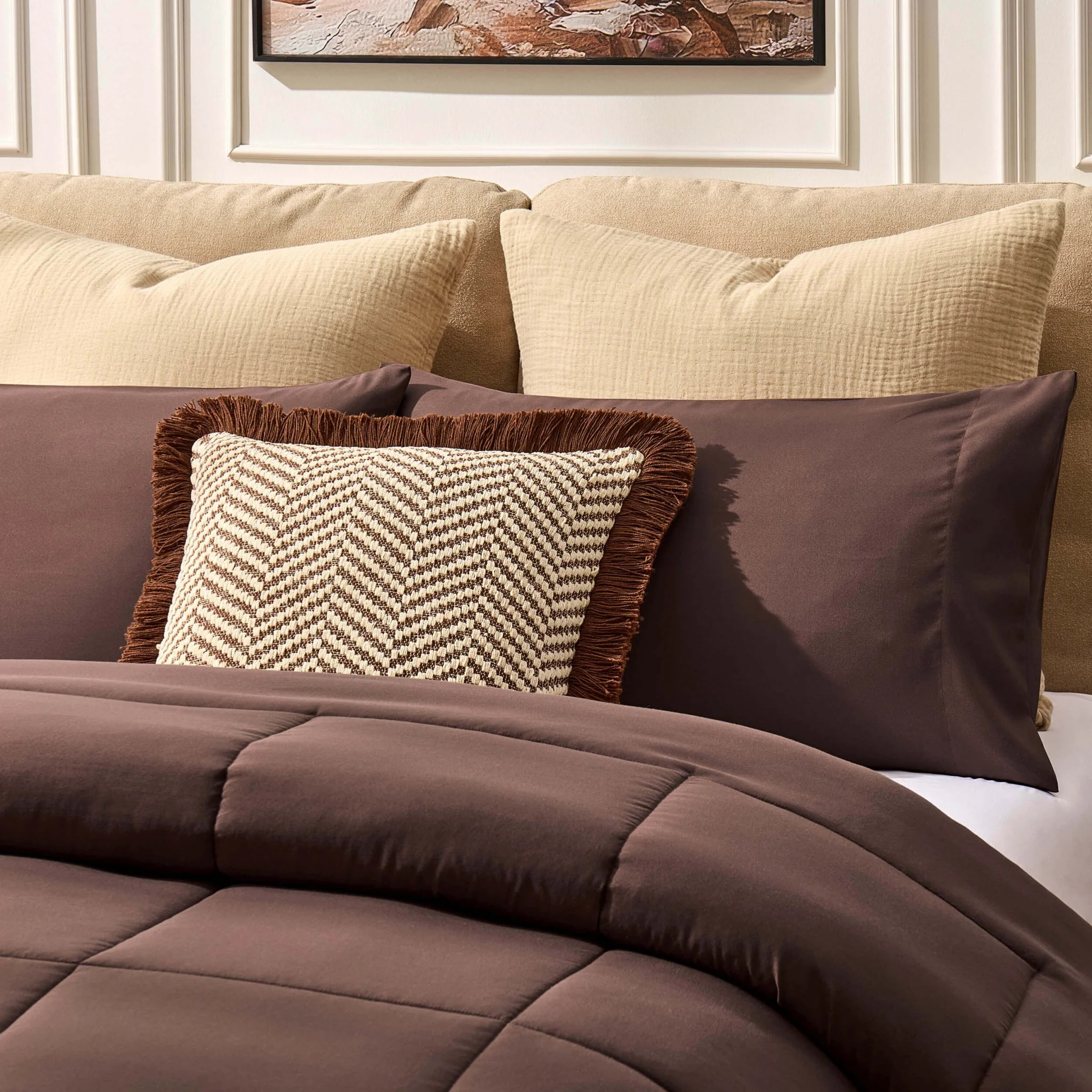 Machine Washable Coverless Duvet & Pillowcase Set - Brown - Image 3