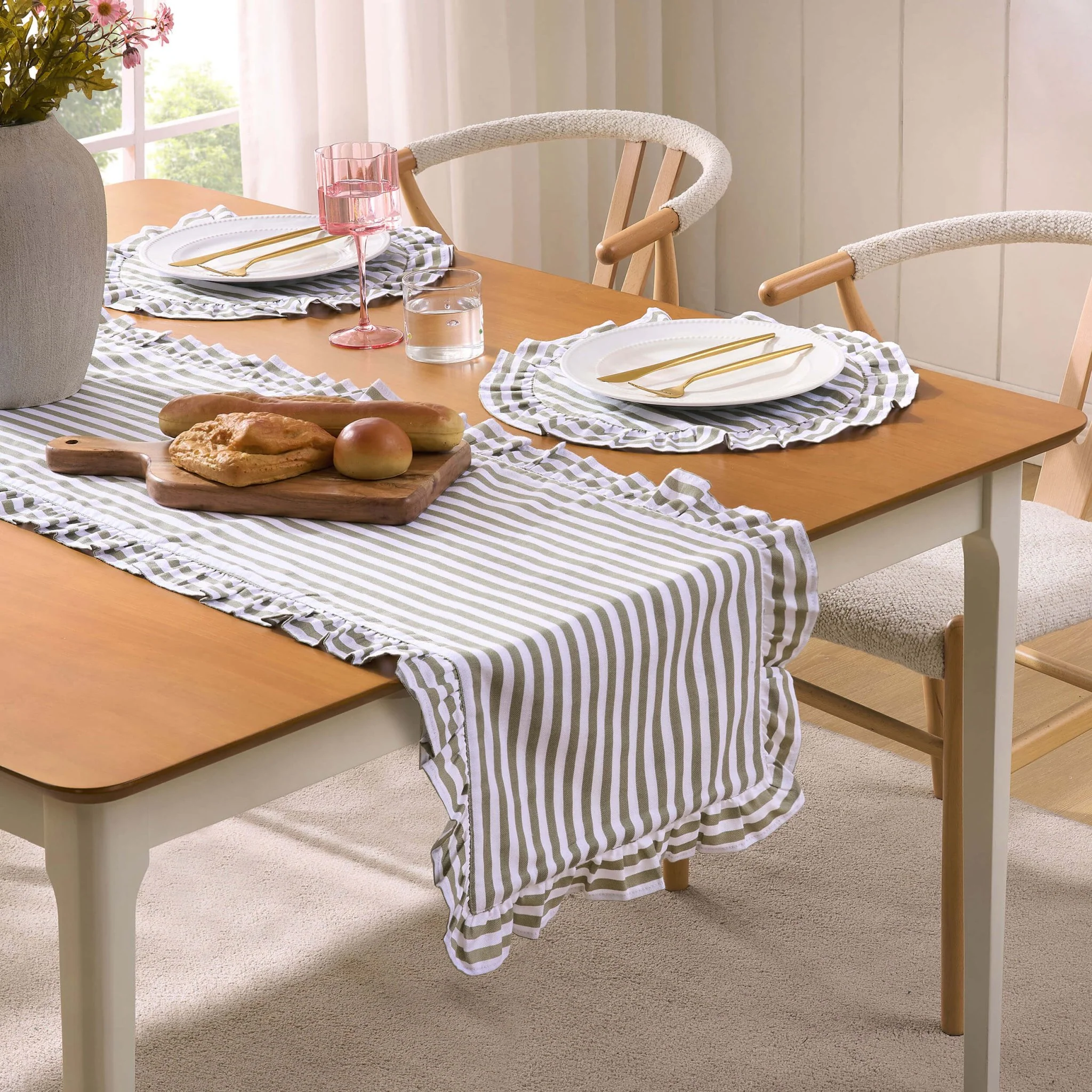 Edith Stripe Frill Edge Table Runner - Olive Green
