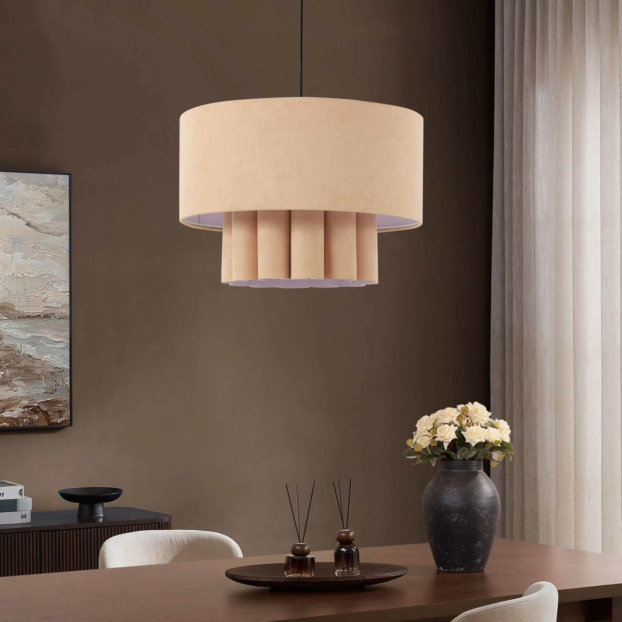 Eli Faux Suede Two Tier Scallop Ceiling Shade - Beige