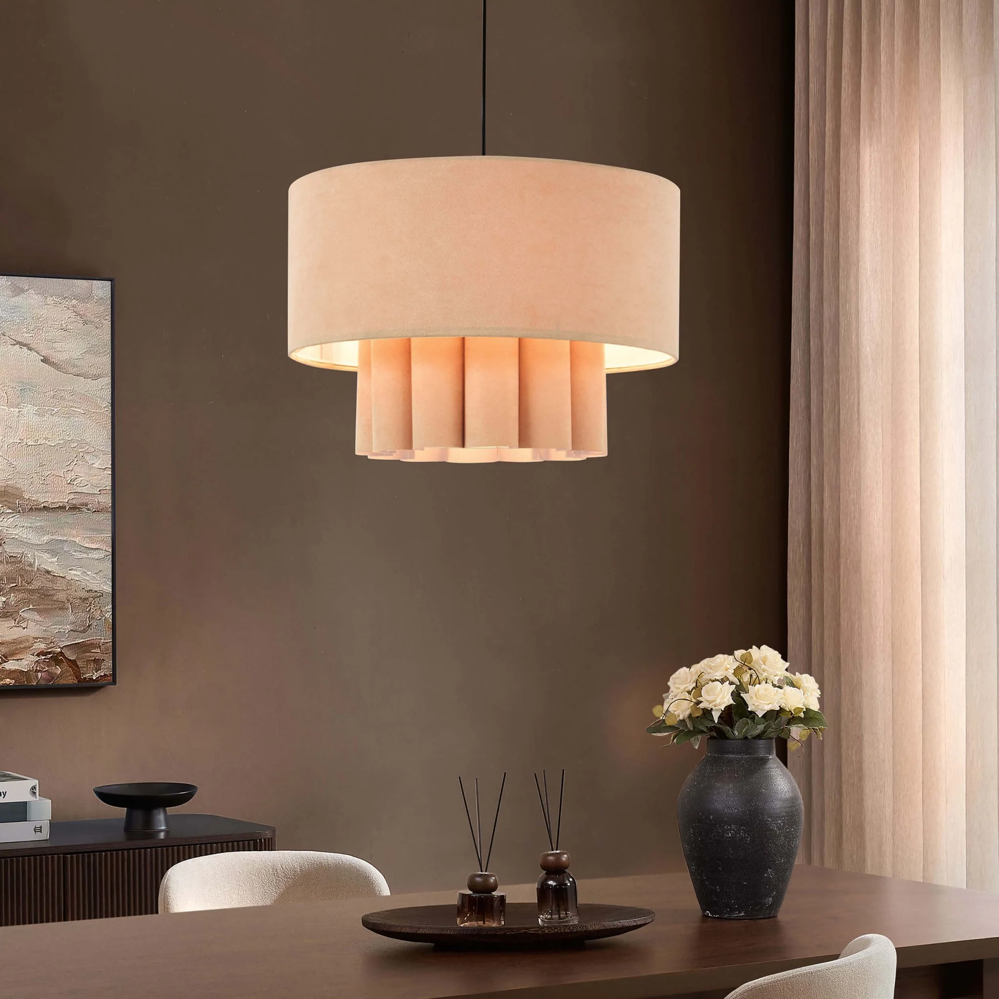 Eli Faux Suede Two Tier Scallop Ceiling Shade - Beige - Image 2