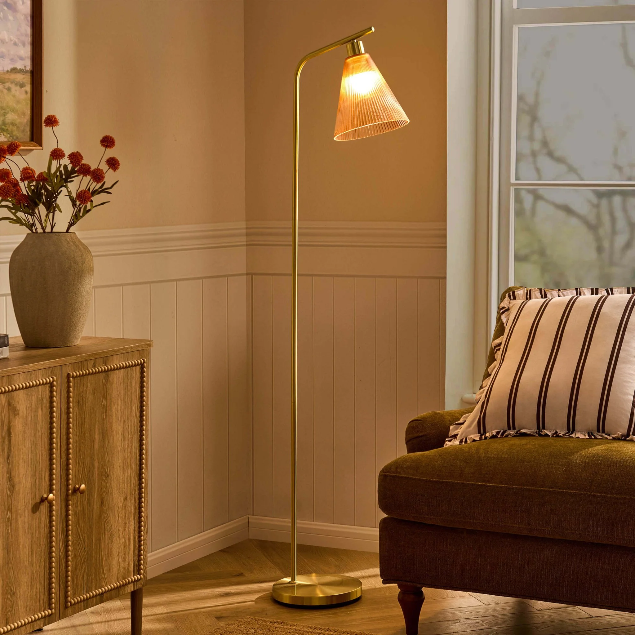 Ella Glass Conical Striped Floor Lamp - Amber