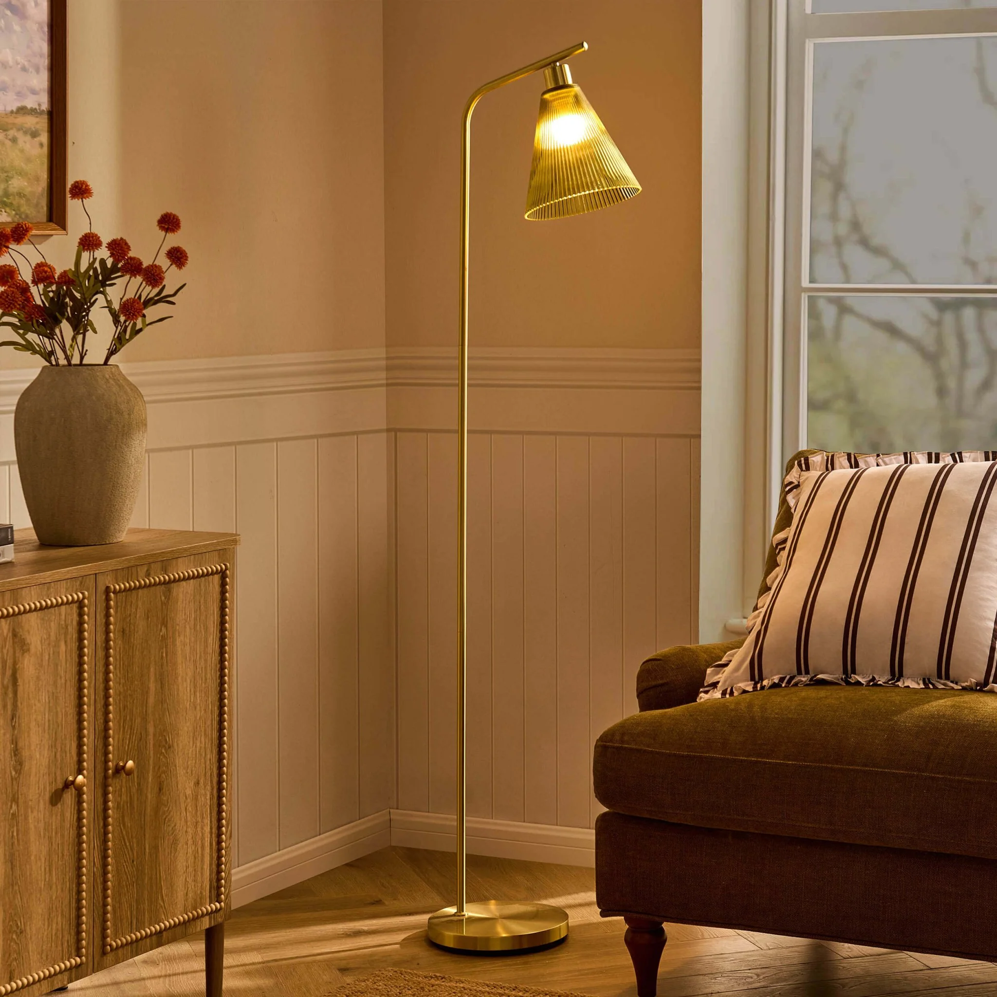Ella Glass Conical Striped Floor Lamp - Green