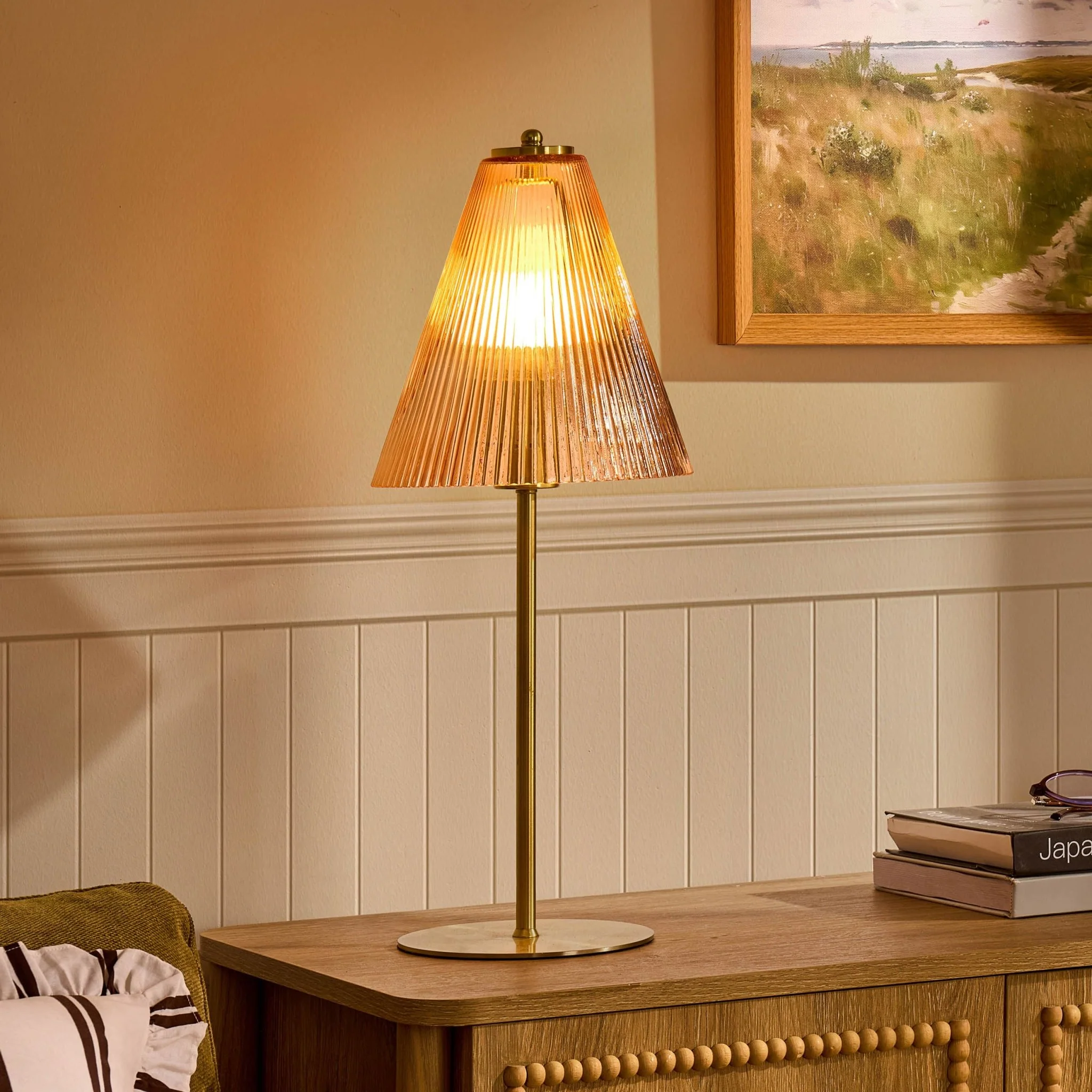 Ella Glass Conical Striped Table Lamp - Amber
