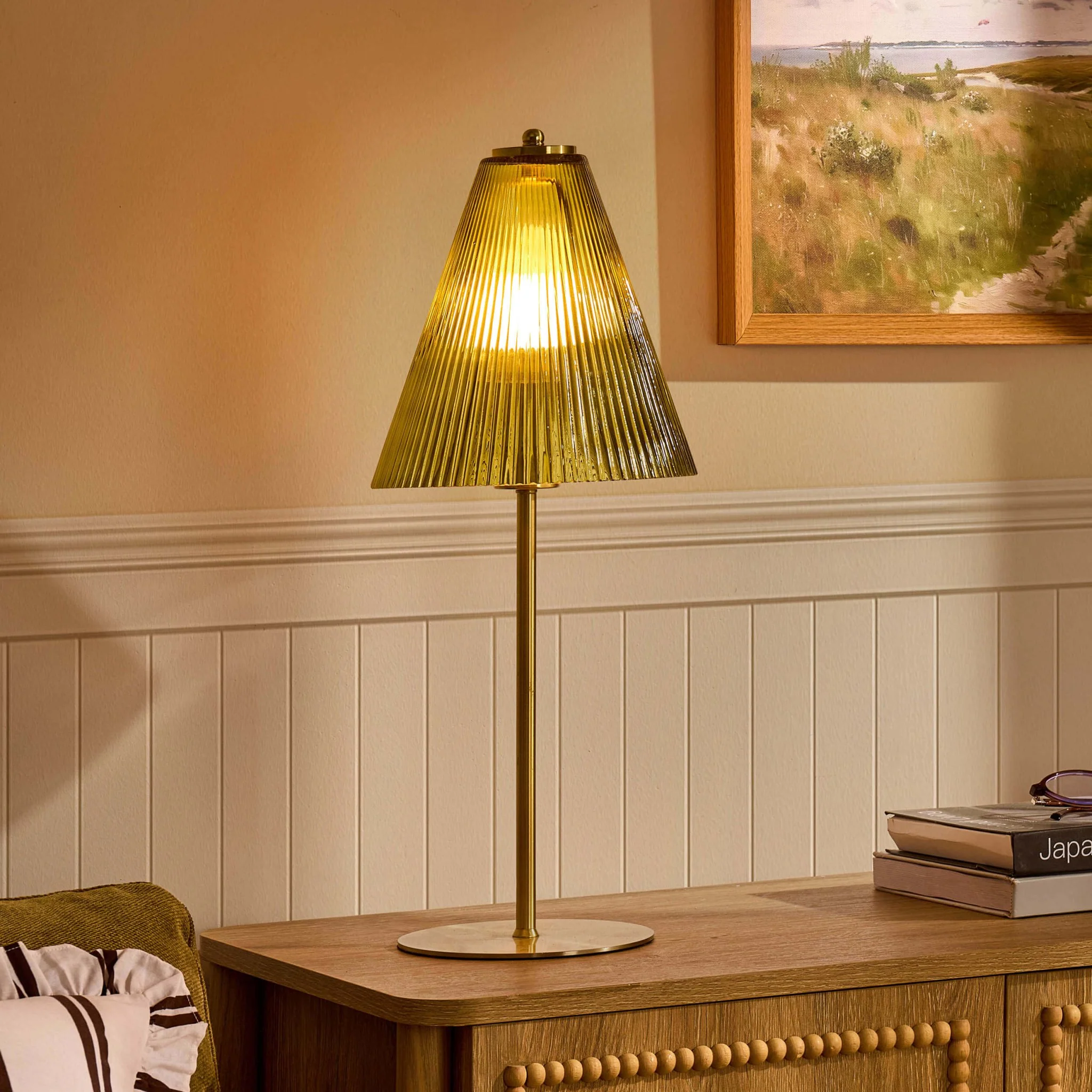 Ella Glass Conical Striped Table Lamp - Green