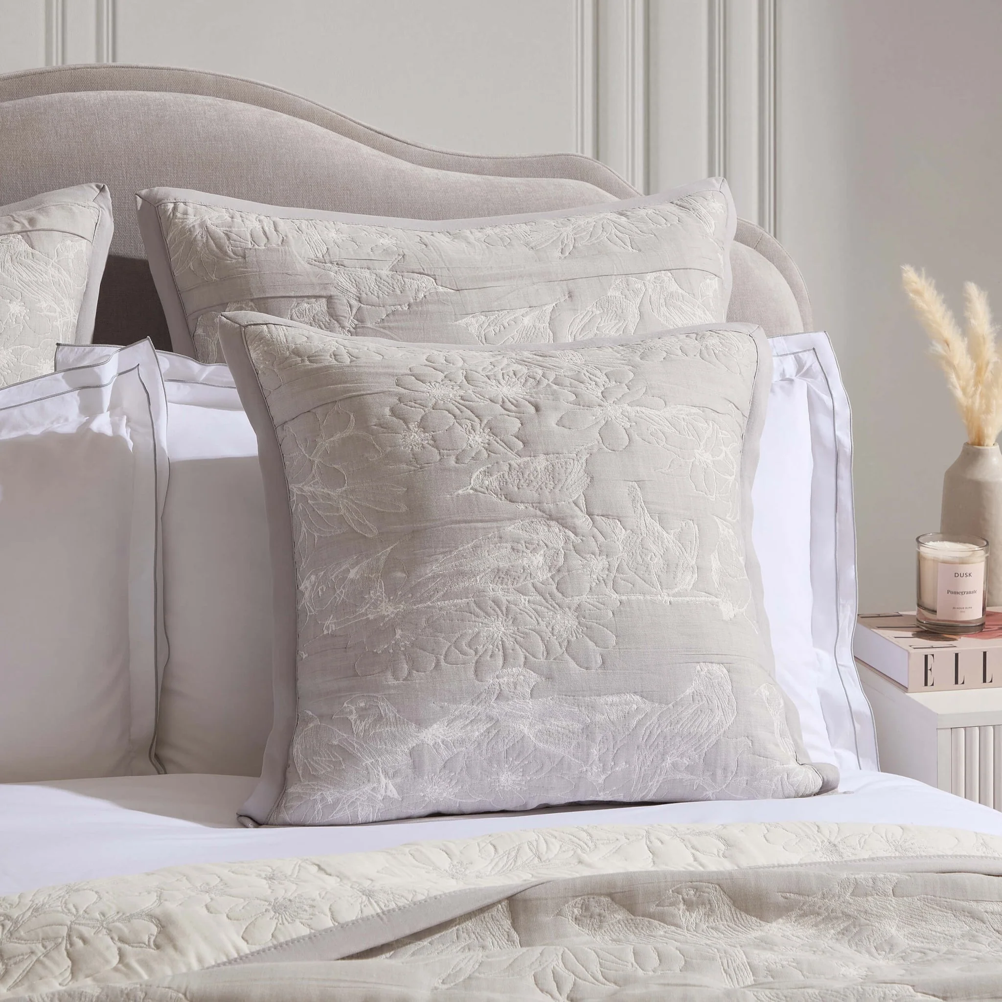 Embroidered Bird Cushion Cover - Cloud Grey
