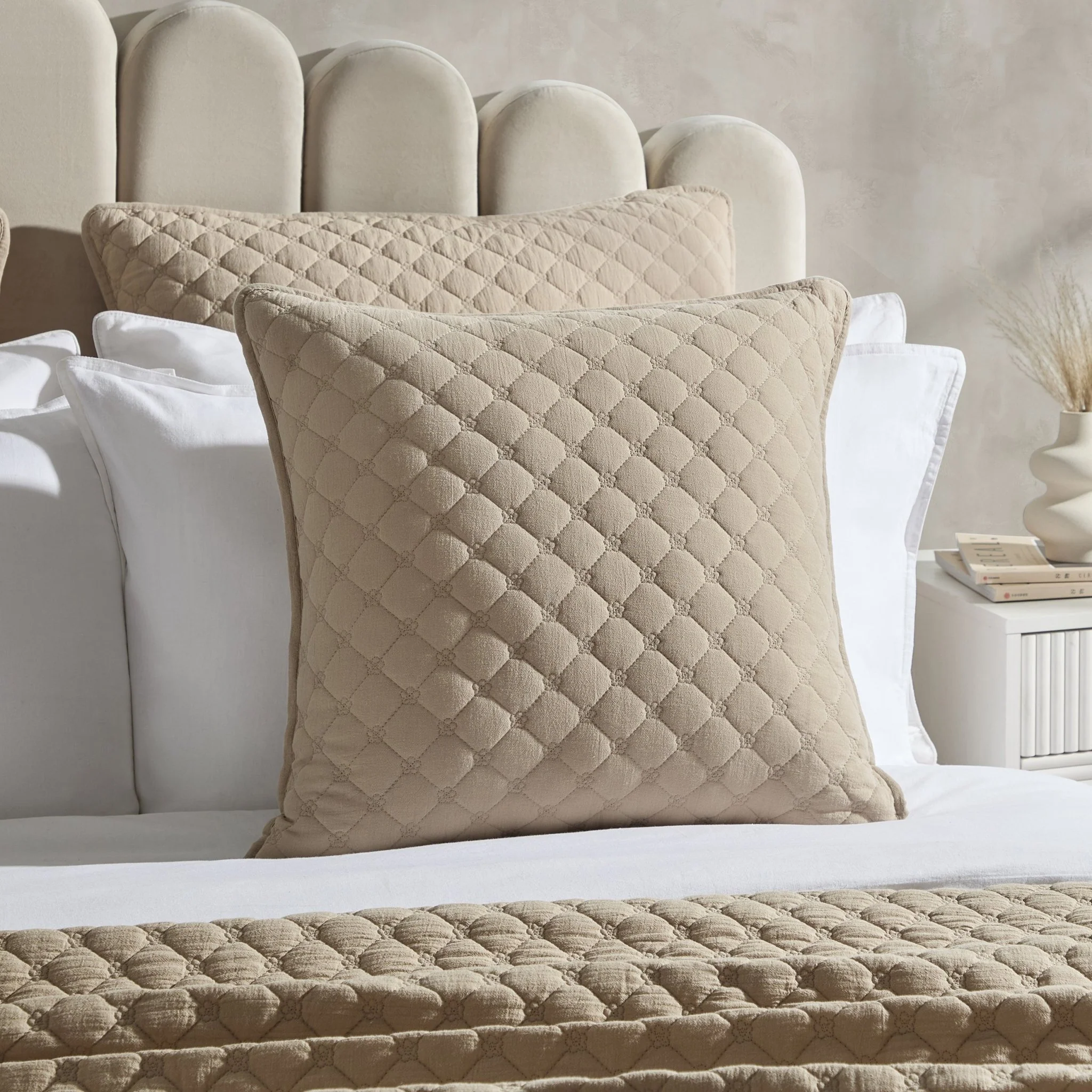Emilia Embroidered Flower Cushion Cover - Putty