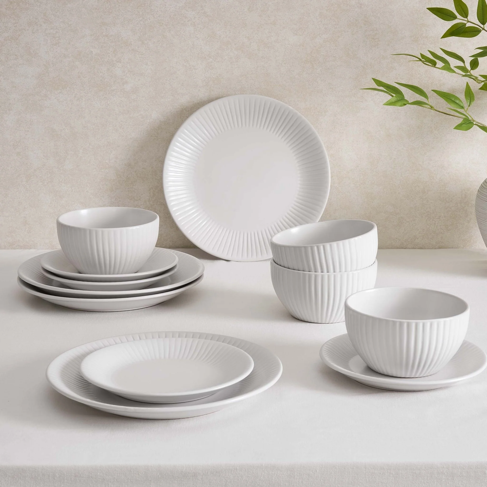 Ethan Embossed Stoneware 12 Piece Dinner Set - White
