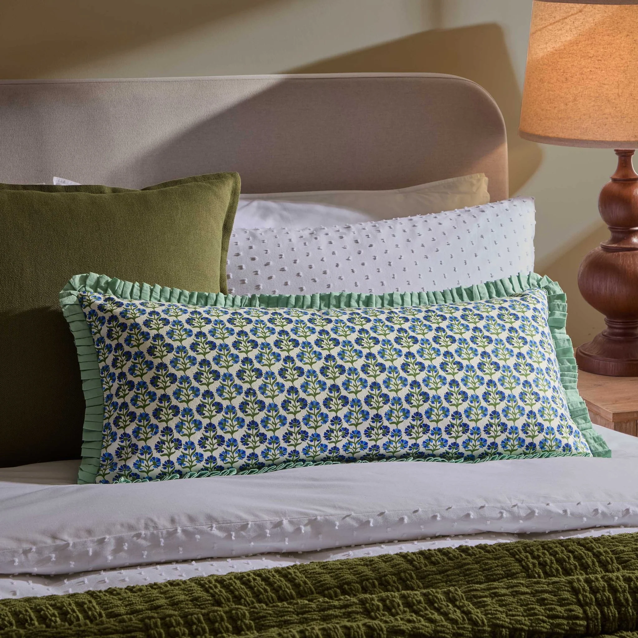 Fiona 100% Cotton Box Pleat Edge Printed Cushion Cover - Blue
