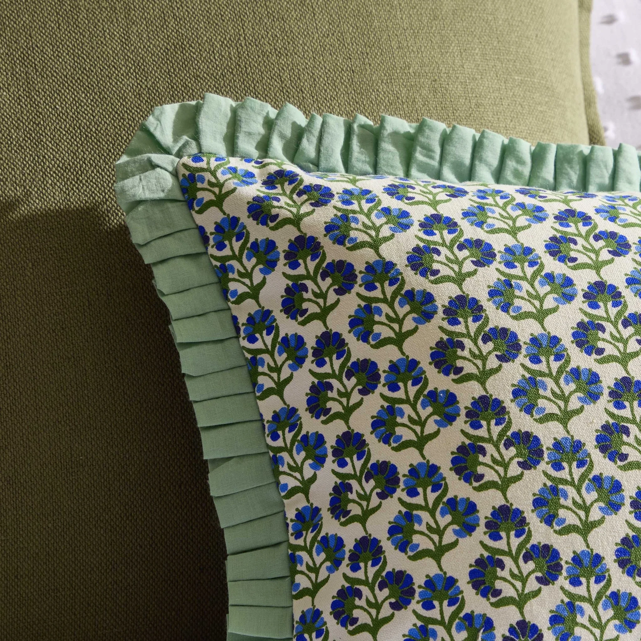 Fiona 100% Cotton Box Pleat Edge Printed Cushion Cover - Blue - Image 2
