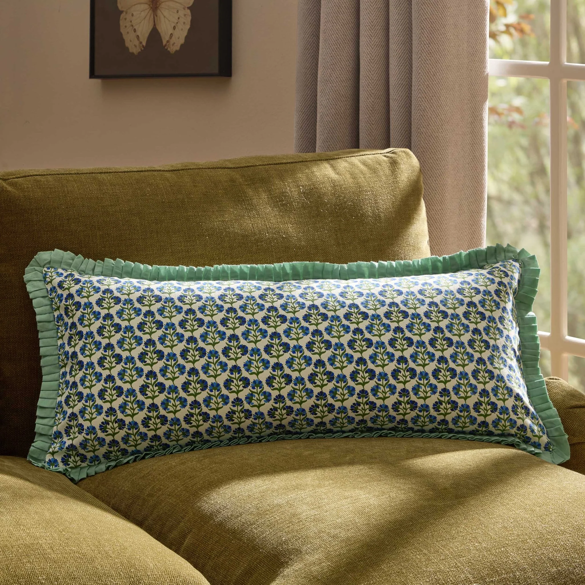 Fiona 100% Cotton Box Pleat Edge Printed Sofa Cushion Cover - Blue