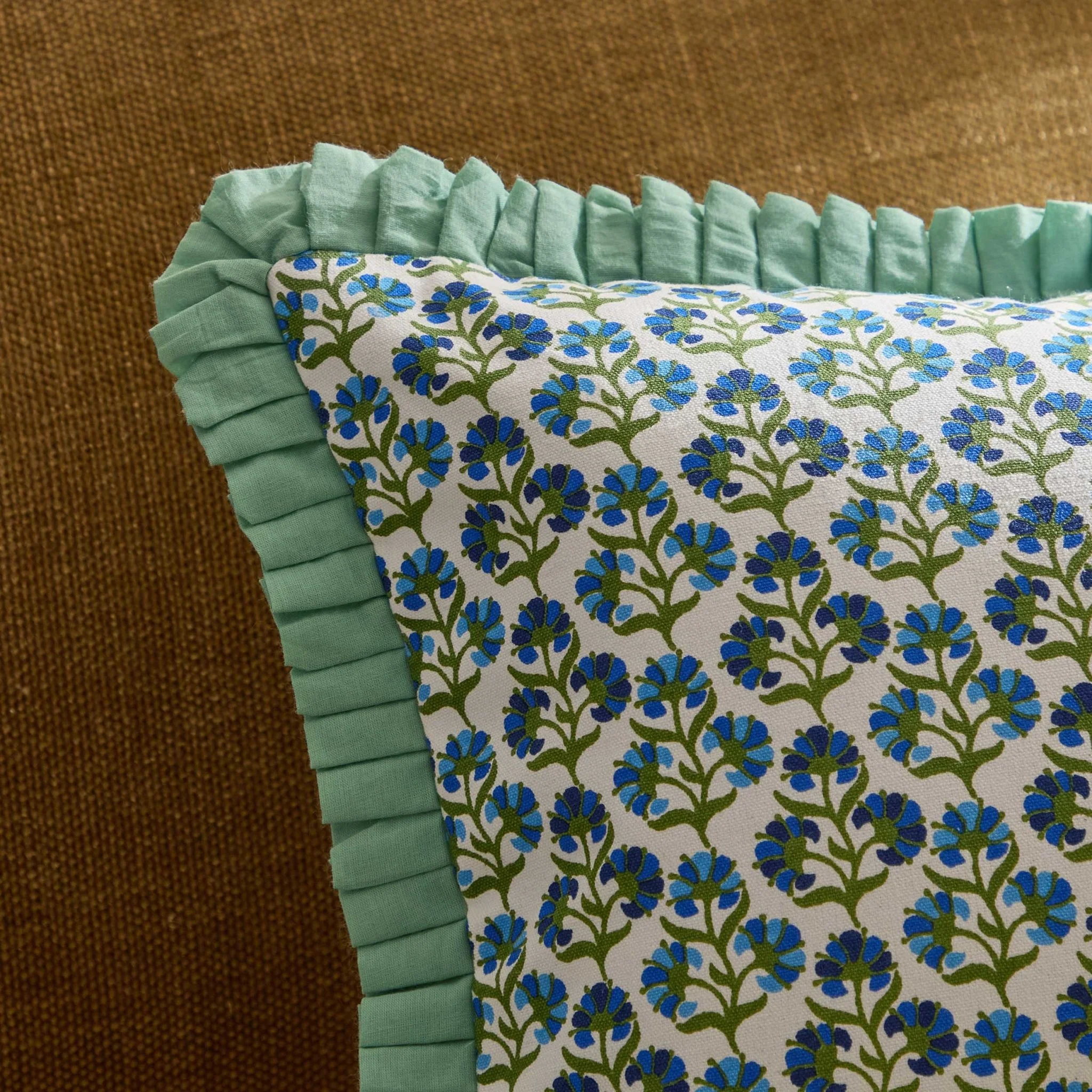 Fiona 100% Cotton Box Pleat Edge Printed Sofa Cushion Cover - Blue - Image 2