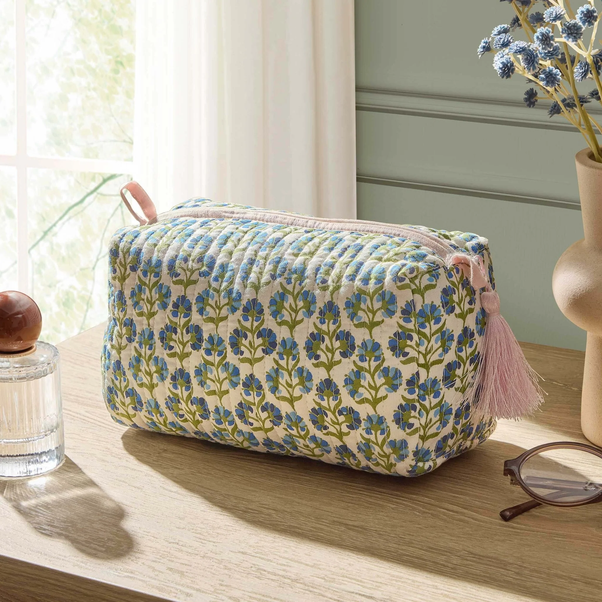 Fiona Cotton Printed Makeup Bag - Blue/ Pink