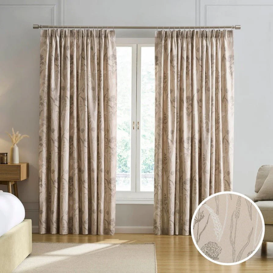 Floral Pencil Pleat Curtains - Taupe