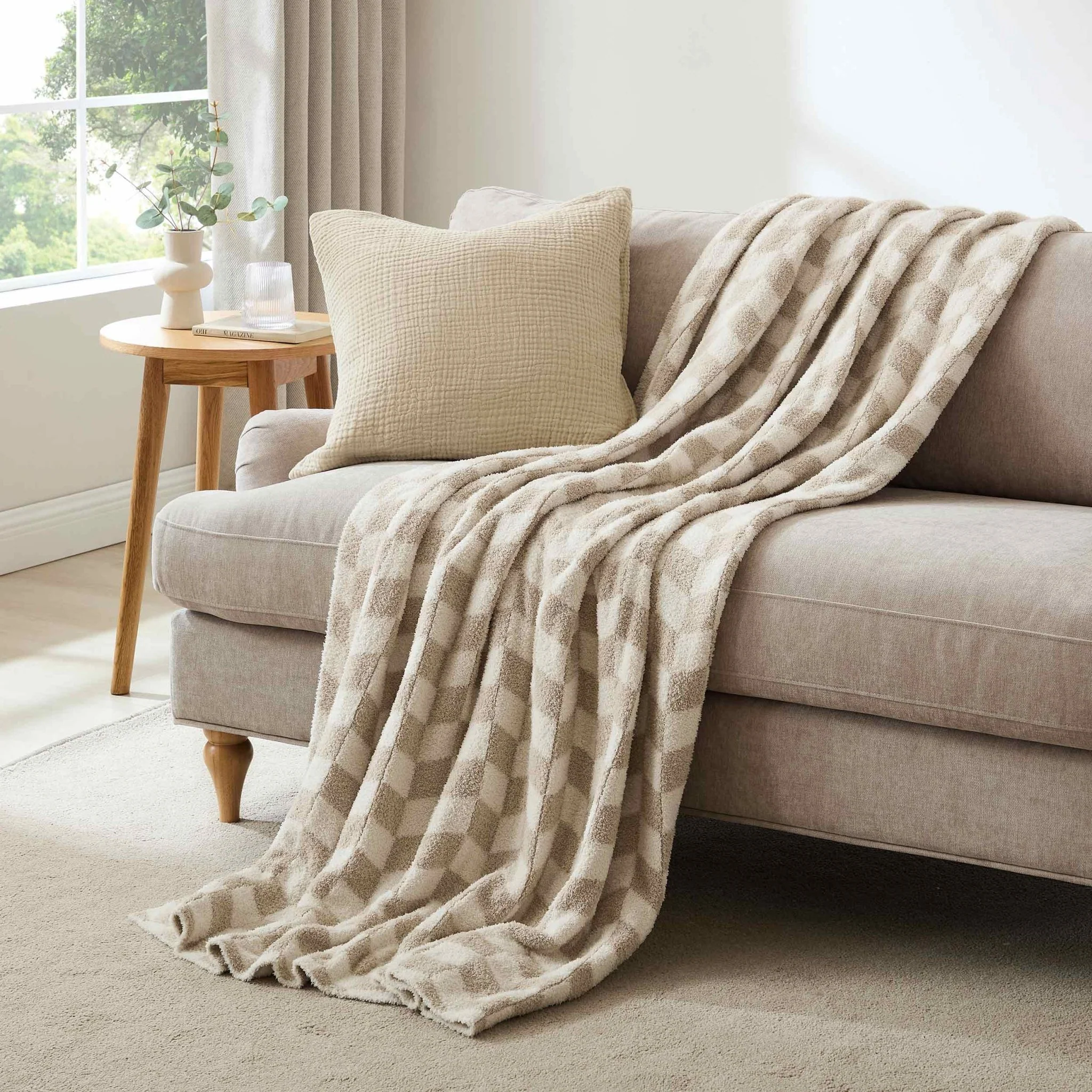 Fluffy Knit Checkerboard Sofa Throw - Natural