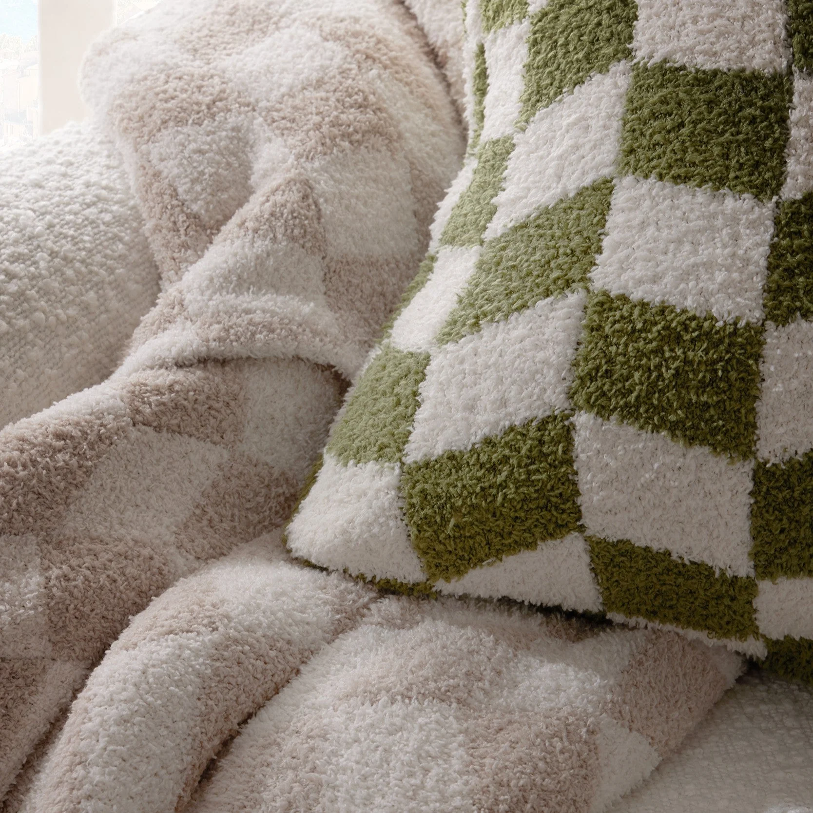 Fluffy Knit Checkerboard Sofa Throw - Natural - Image 2