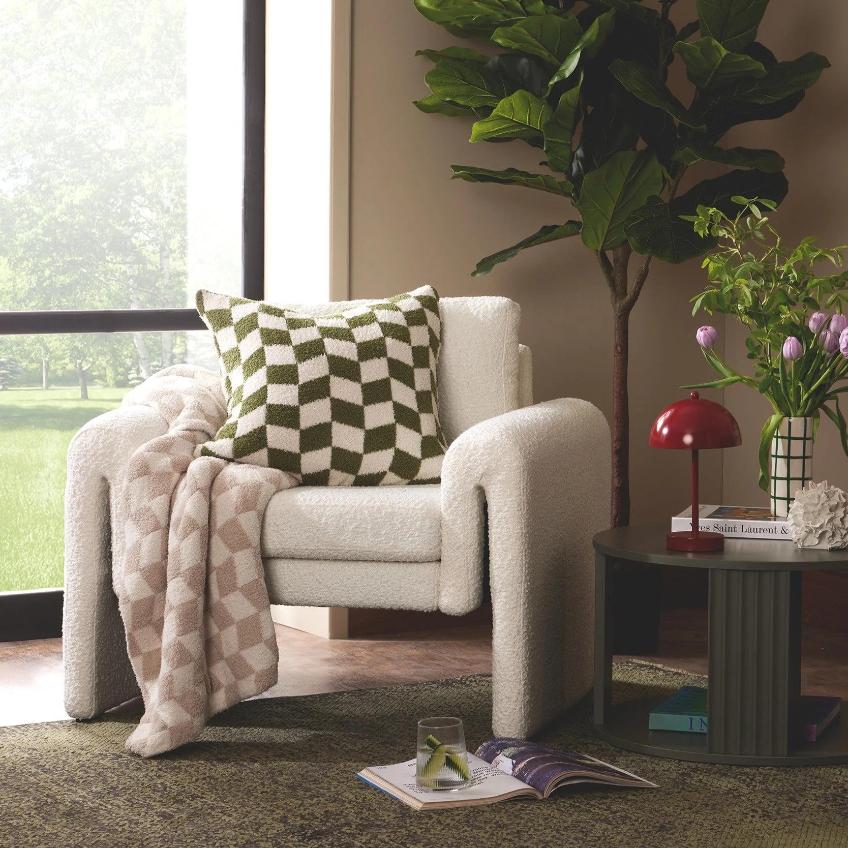 Fluffy Knit Checkerboard Sofa Throw - Natural - Image 3