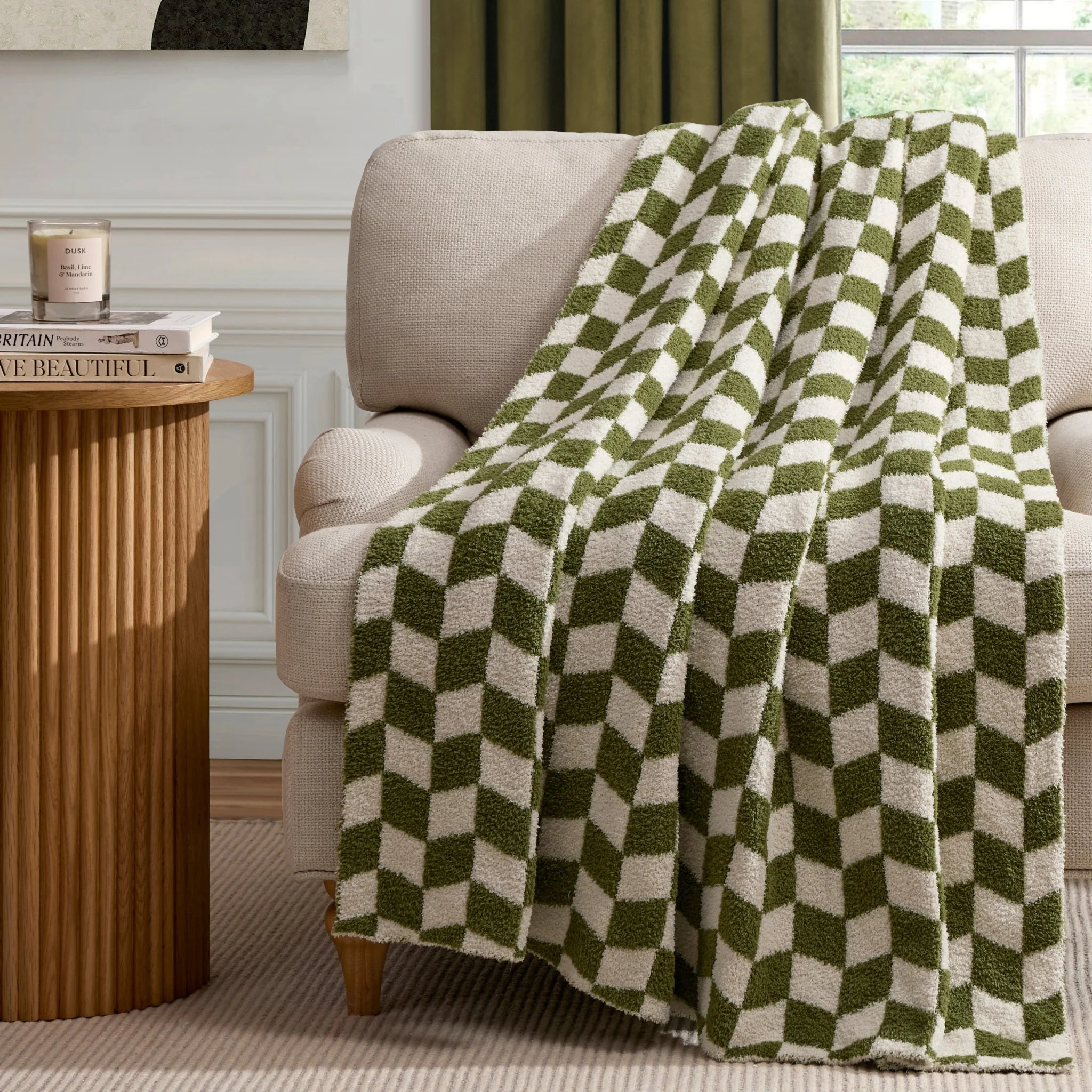 Fluffy Knit Checkerboard Sofa Throw - Olive