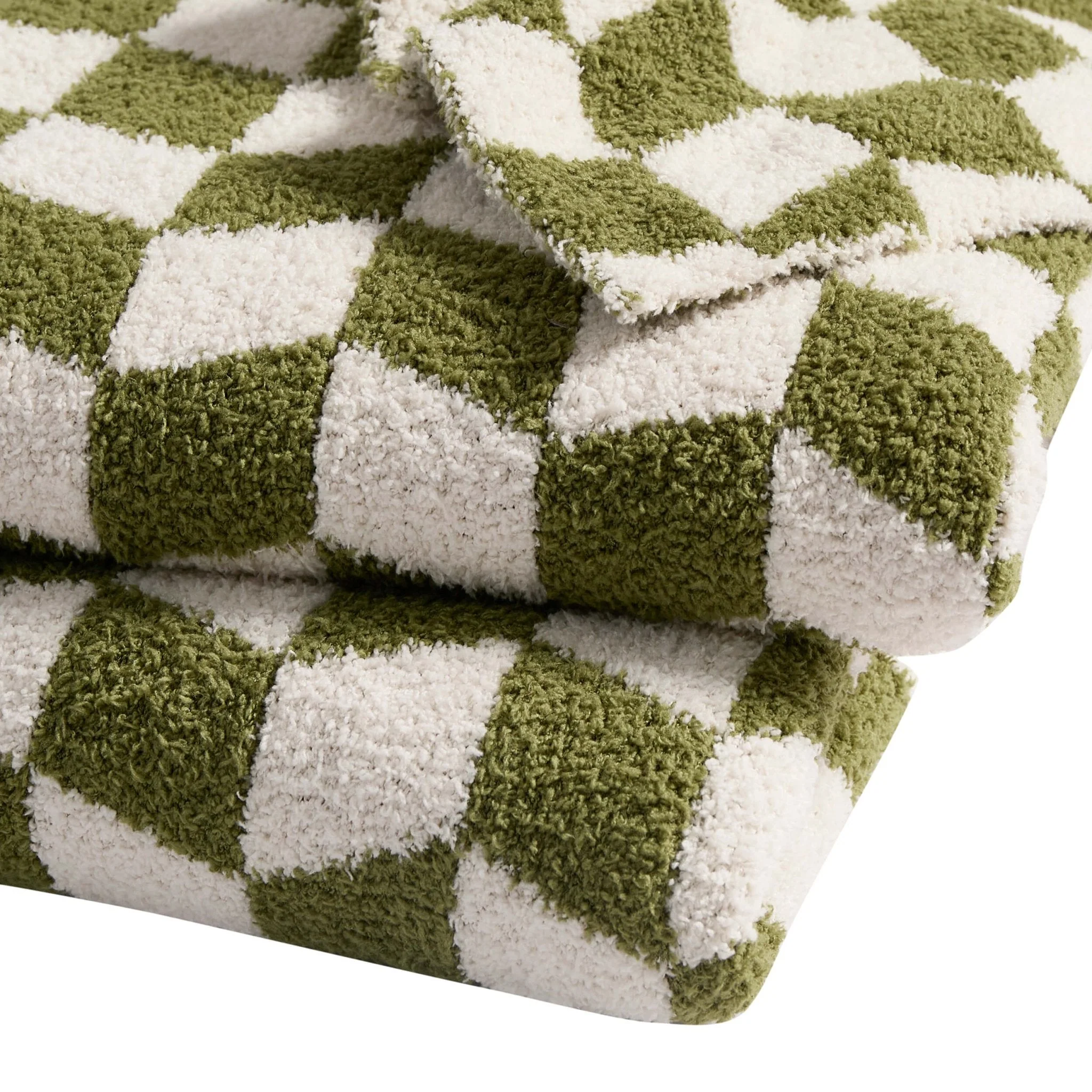 Fluffy Knit Checkerboard Sofa Throw - Olive - Image 4