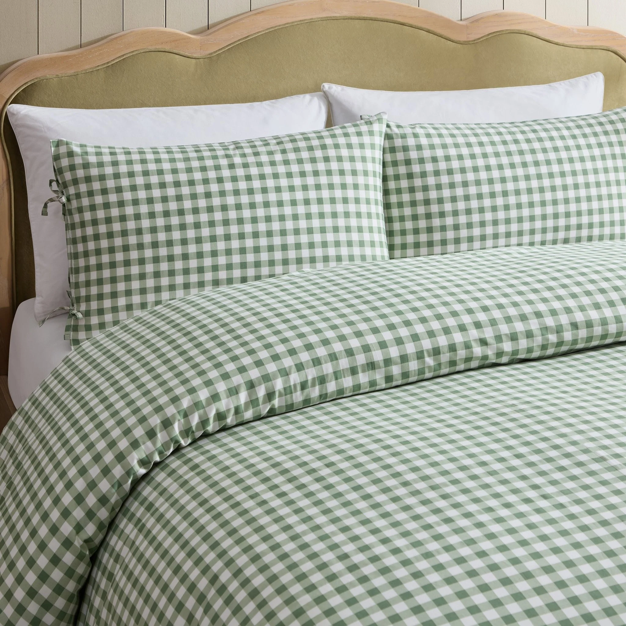 Gabriella Gingham 100% Cotton Duvet Cover and Pillowcase Set - Green - Image 2