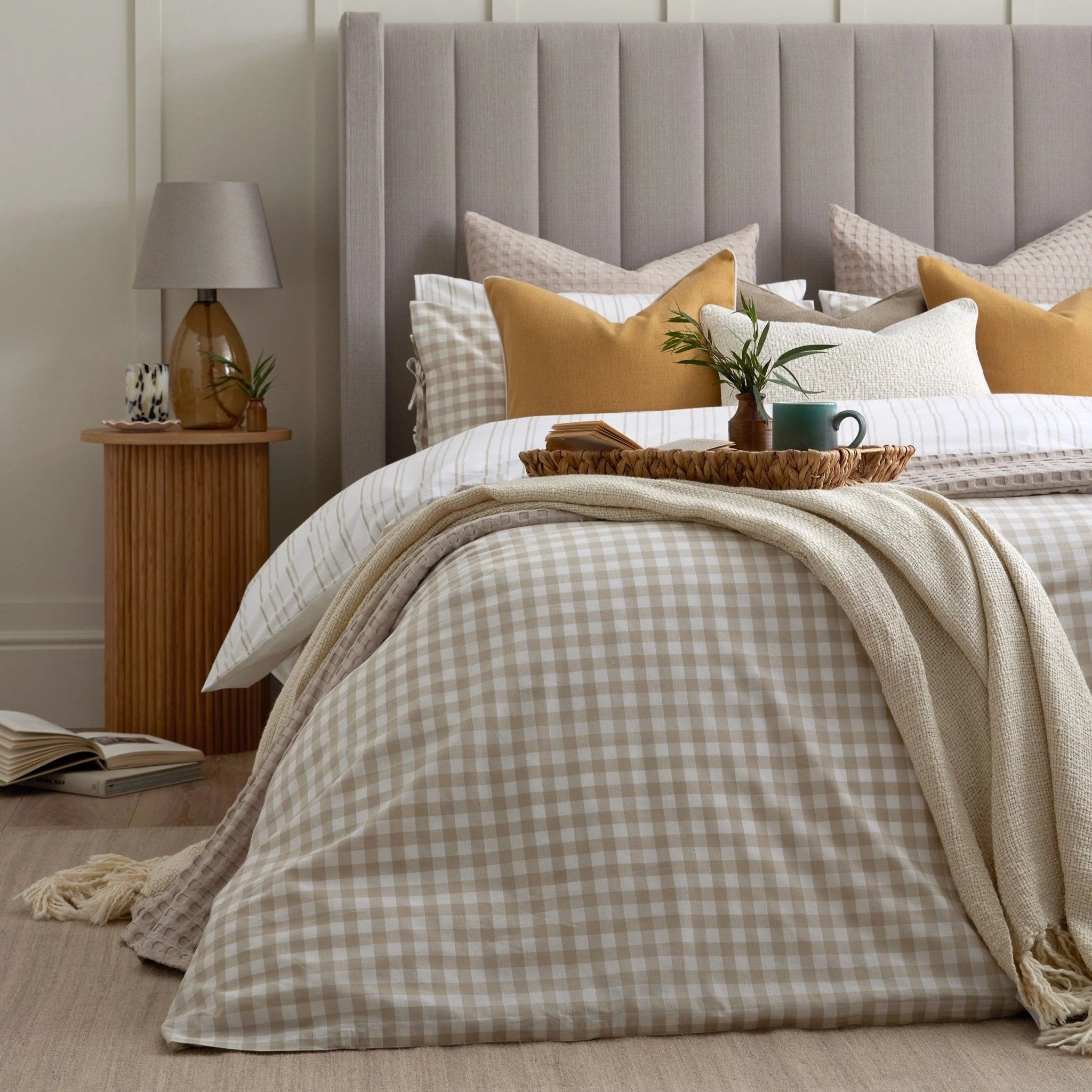 Gabriella Gingham 100% Cotton Duvet Cover and Pillowcase Set - Natural - Image 7