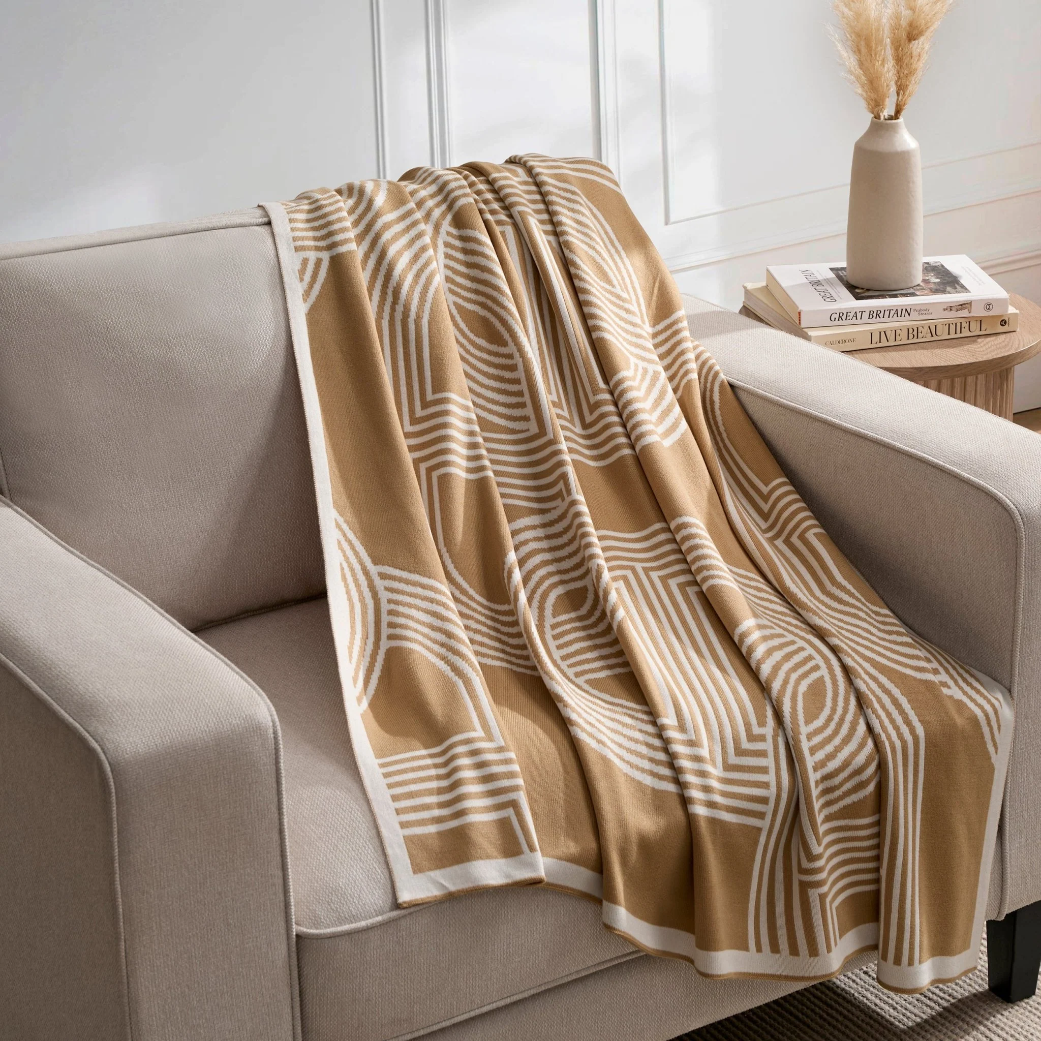 Geometric Contrast Knit Sofa Throw - Taupe - Image 2