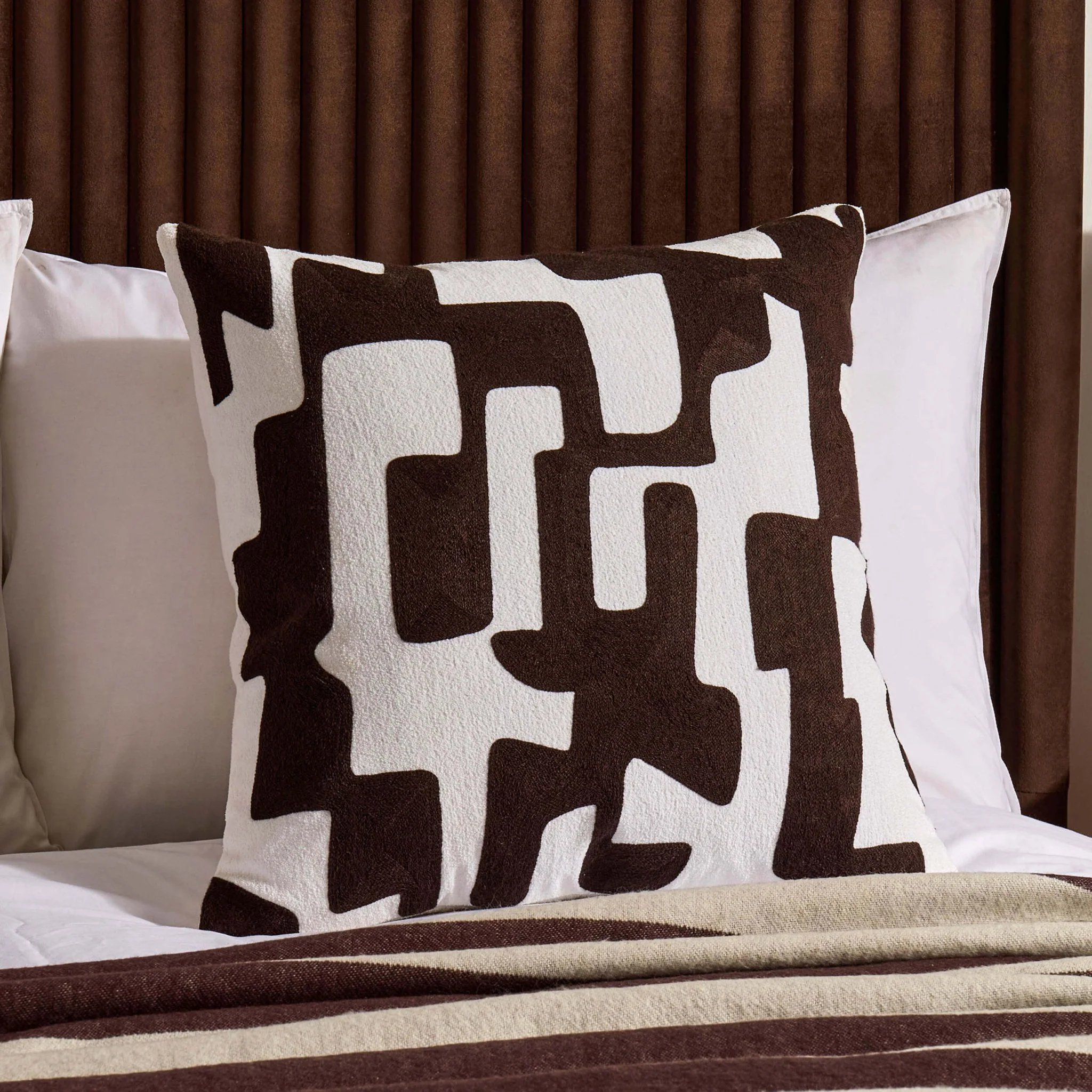 Geometric Embroidered Cushion Cover - Chocolate