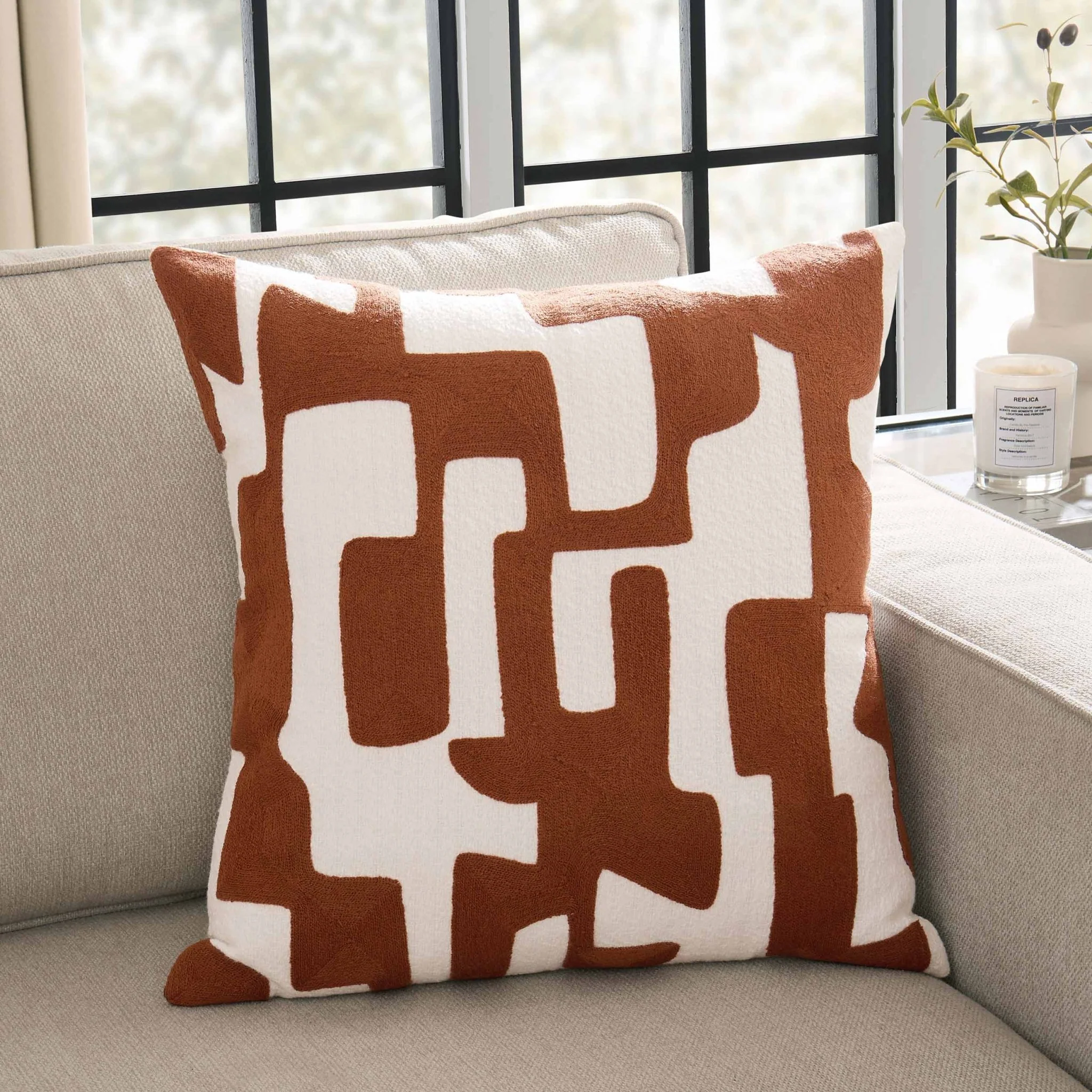Geometric Embroidered Sofa Cushion Cover - Burnt Orange