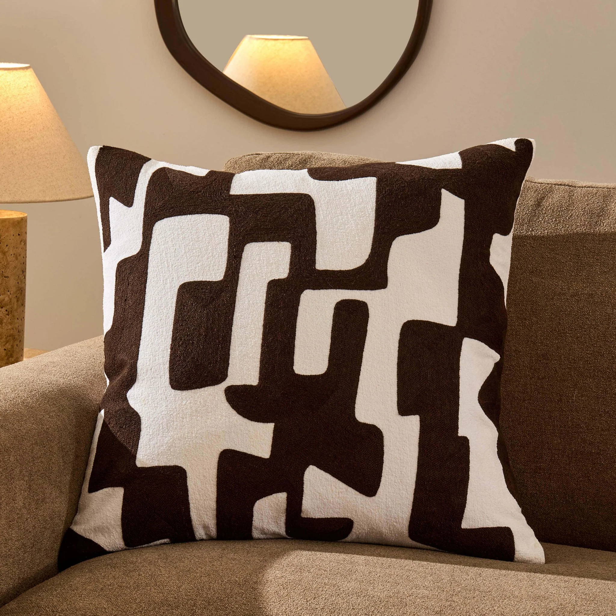 Geometric Embroidered Sofa Cushion Cover - Chocolate