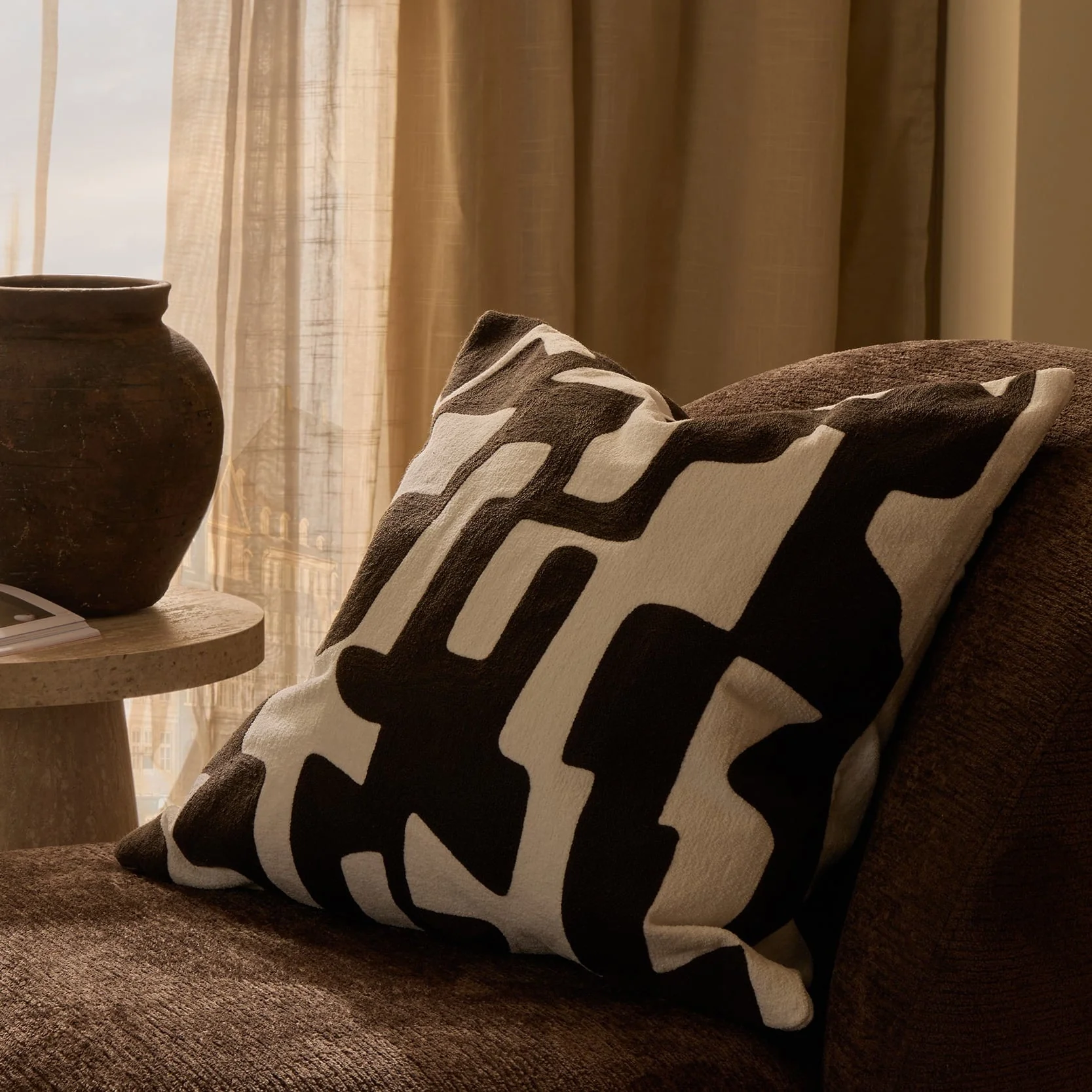 Geometric Embroidered Sofa Cushion Cover - Chocolate - Image 3