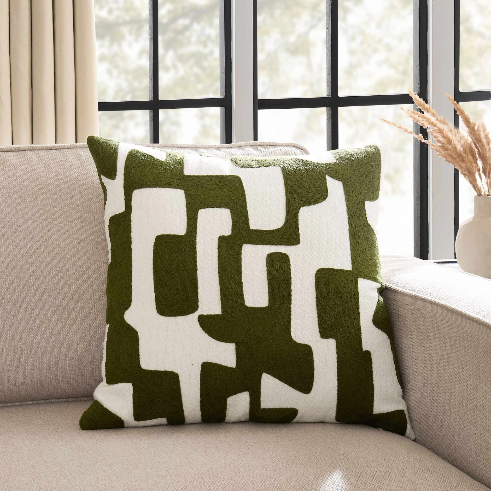 Geometric Embroidered Sofa Cushion Cover - Dark Green