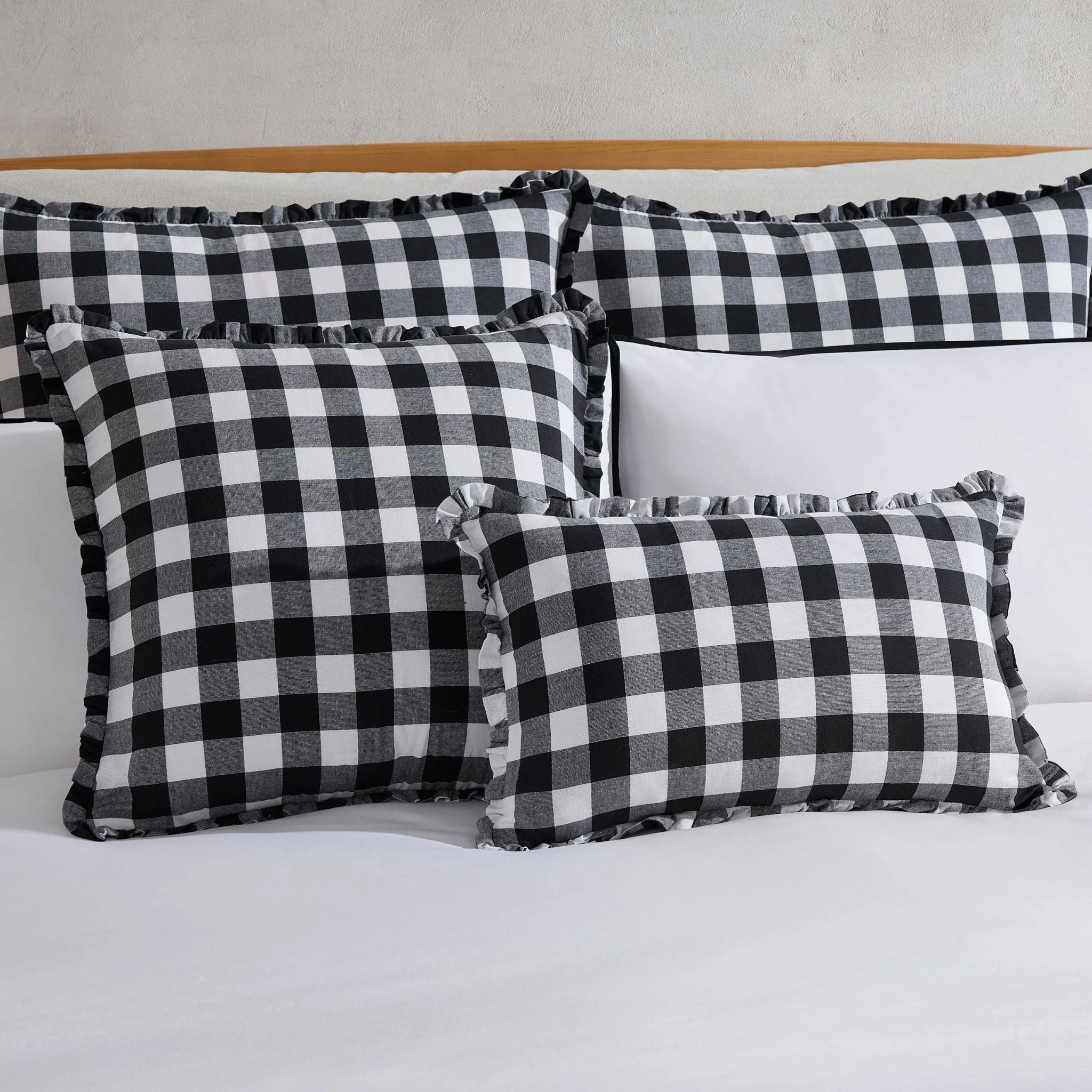 Gingham Square Frill Edge Cushion Cover - Black